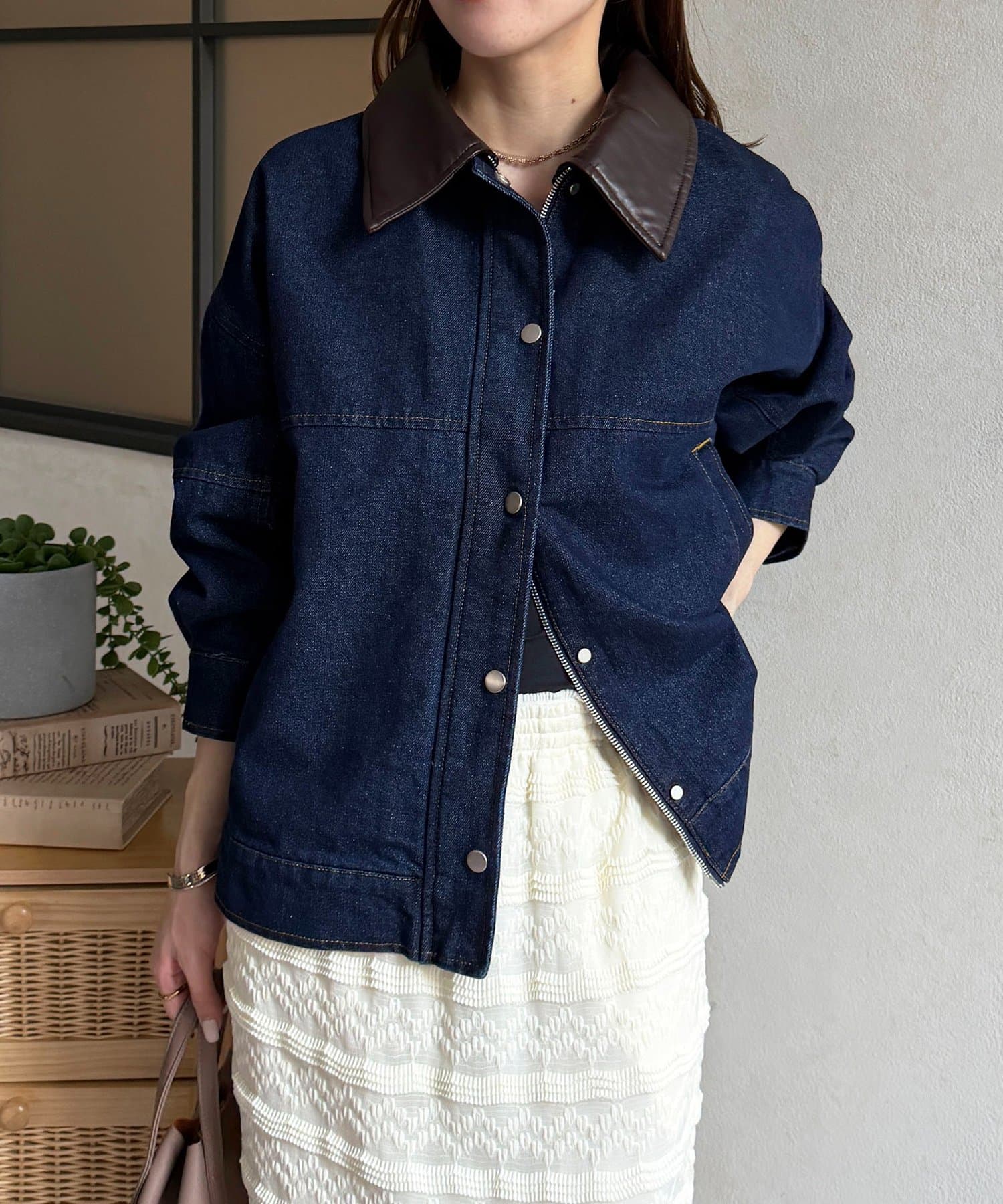 Thevon.(ゼヴォン) 襟合皮ZIPデニムブルゾン