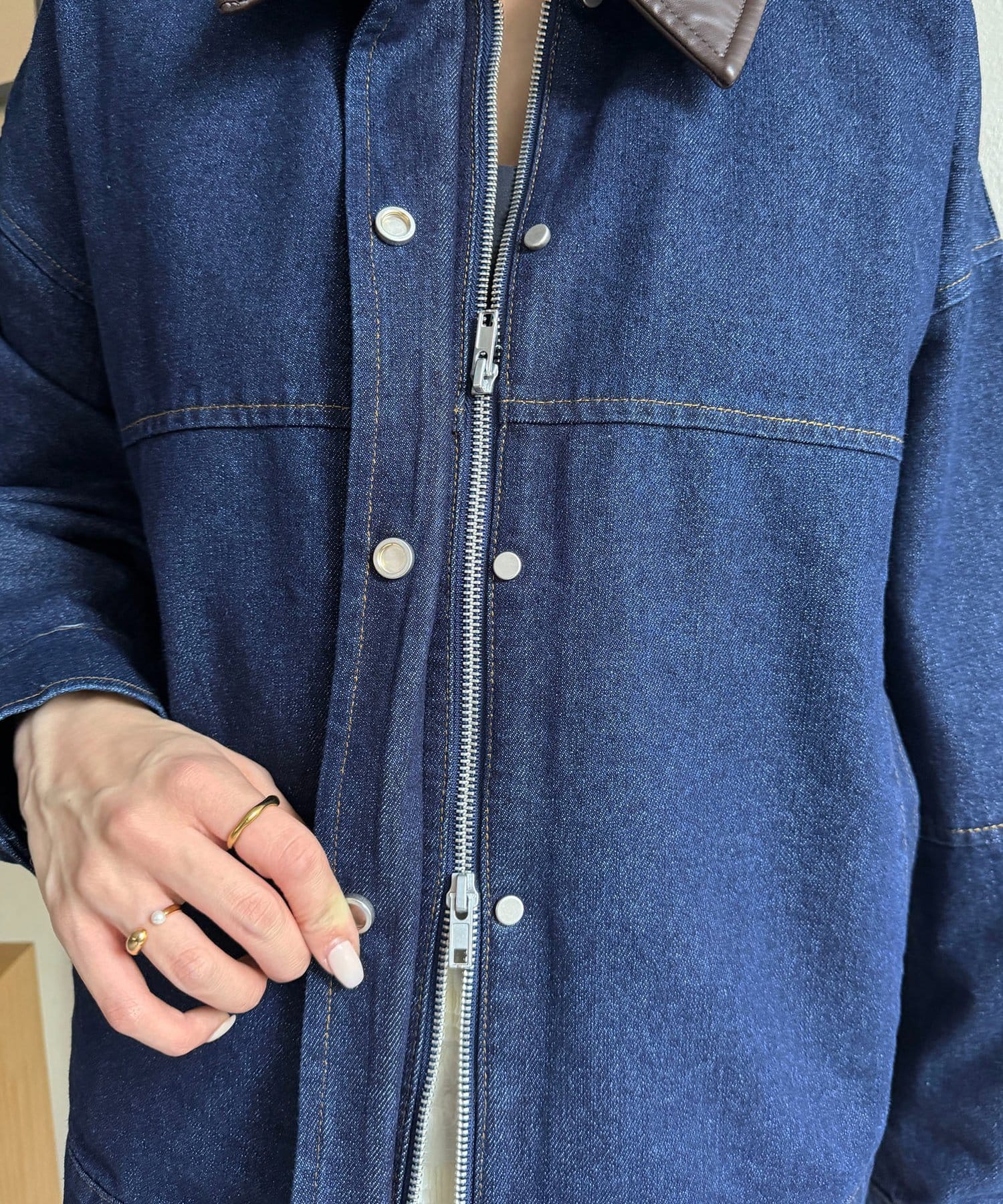 Thevon.(ゼヴォン) 襟合皮ZIPデニムブルゾン