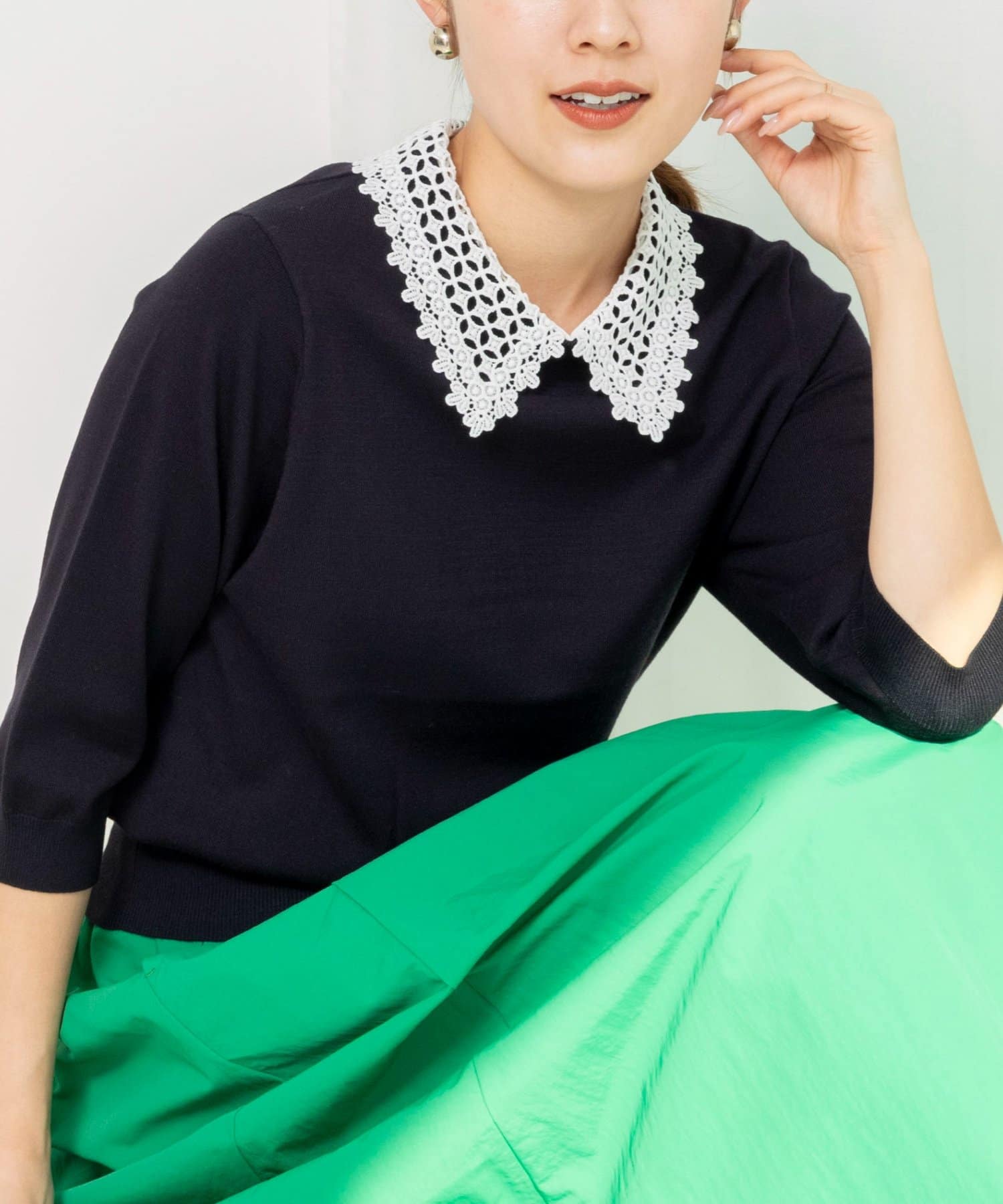 NOLLEY'S(ノーリーズ) 《手洗い可能》襟レース取り外し6分袖プルオーバー