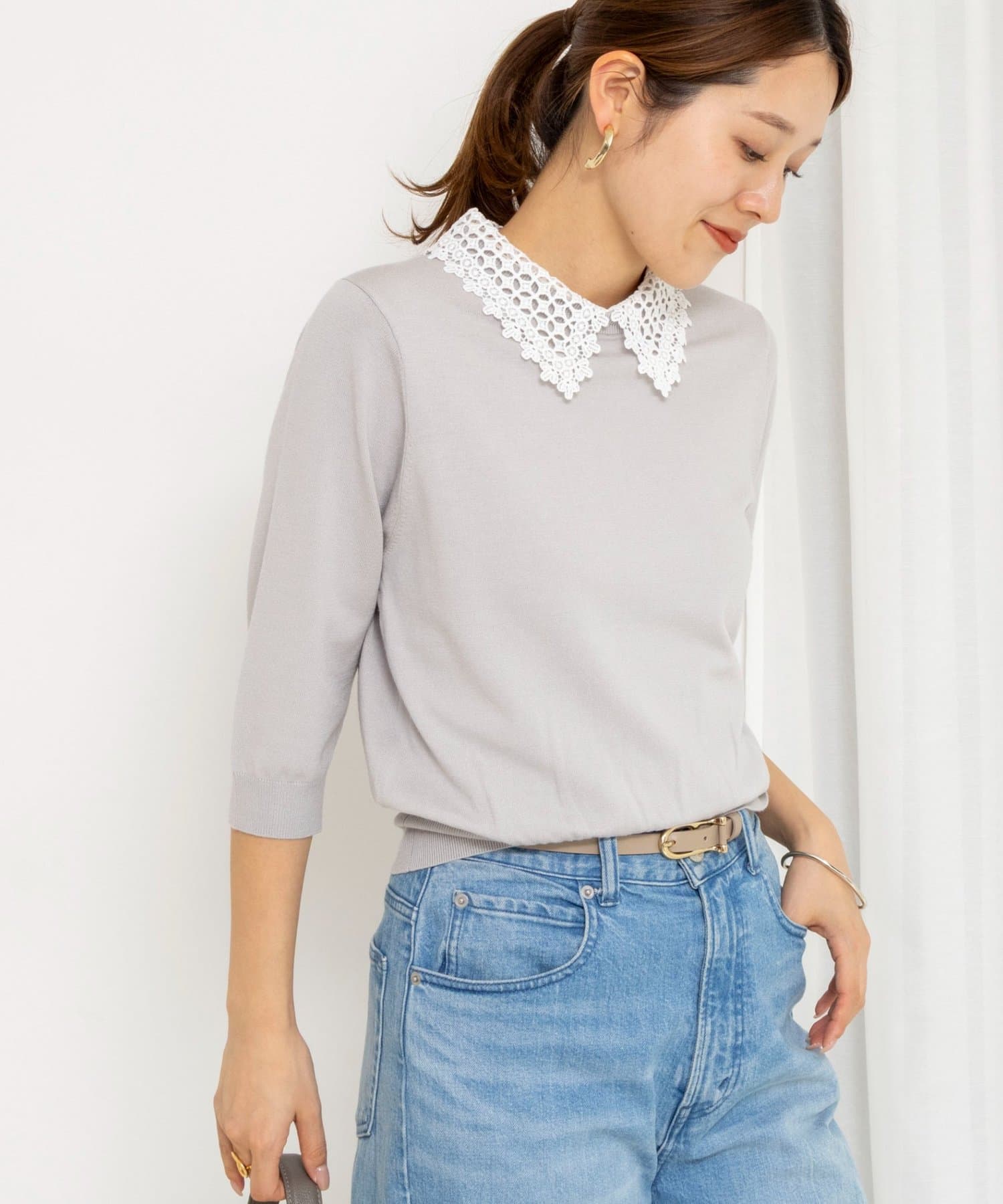 NOLLEY'S(ノーリーズ) 《手洗い可能》襟レース取り外し6分袖プルオーバー