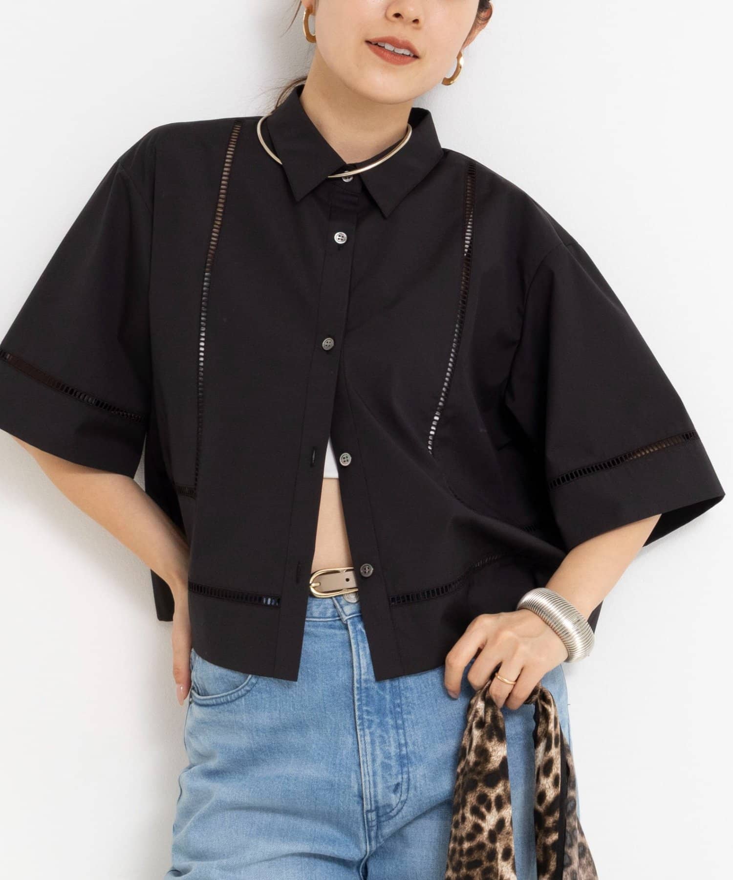 NOLLEY'S(ノーリーズ) ウォッシャブルはしごレース半袖ショートシャツ