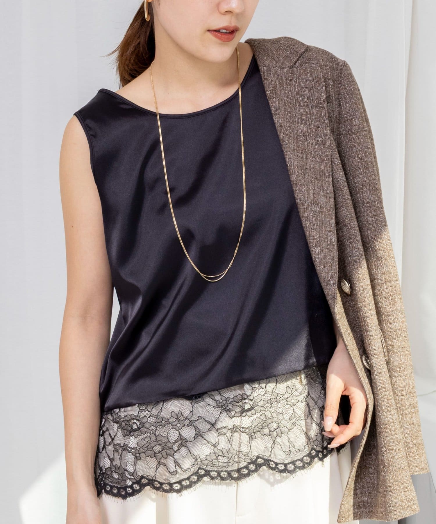 NOLLEY'S(ノーリーズ) ウォッシャブル裾レースオトナサテンタンク