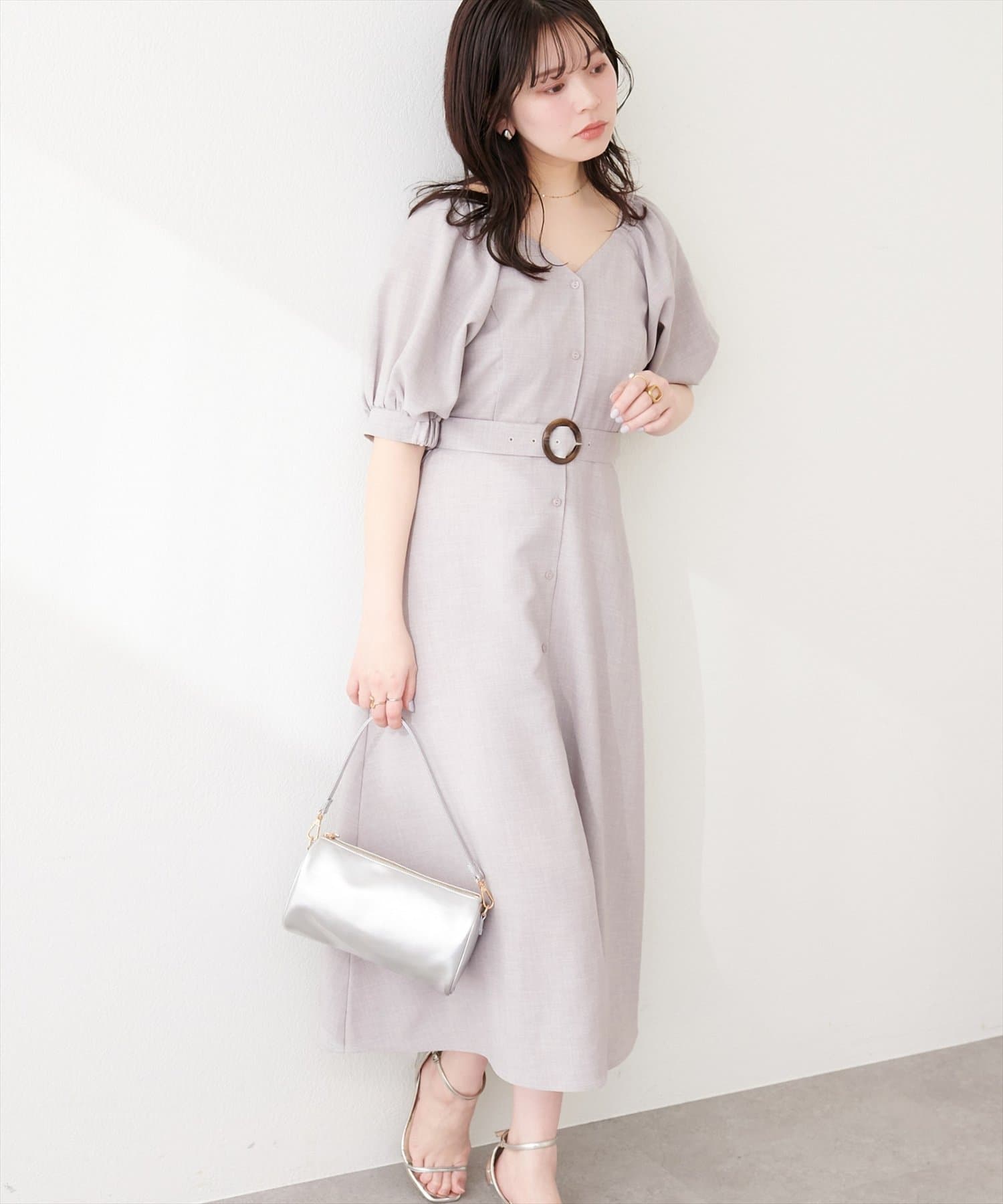 natural couture(ナチュラルクチュール) フロントボタンベルト付きワンピース