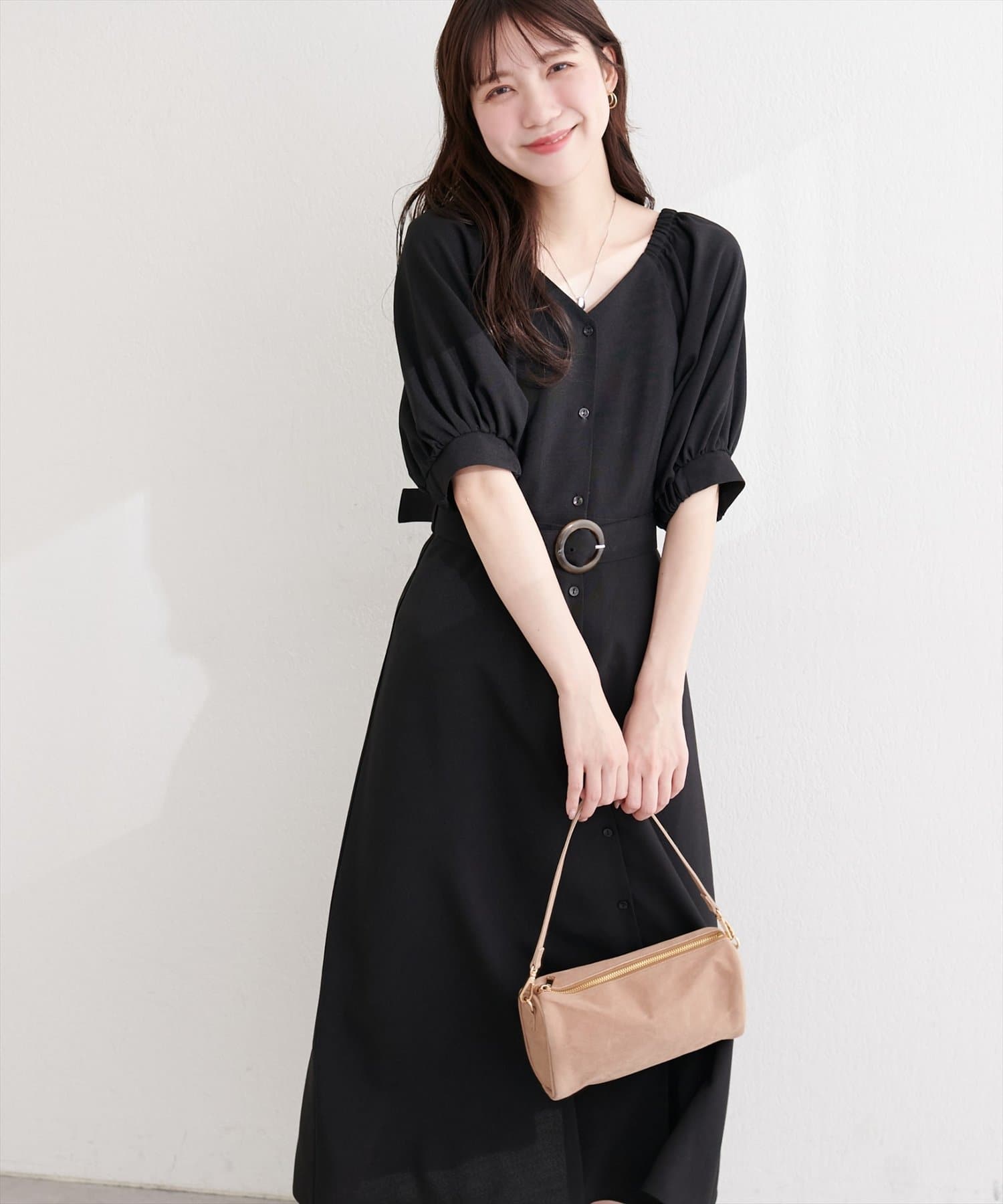 natural couture(ナチュラルクチュール) フロントボタンベルト付きワンピース