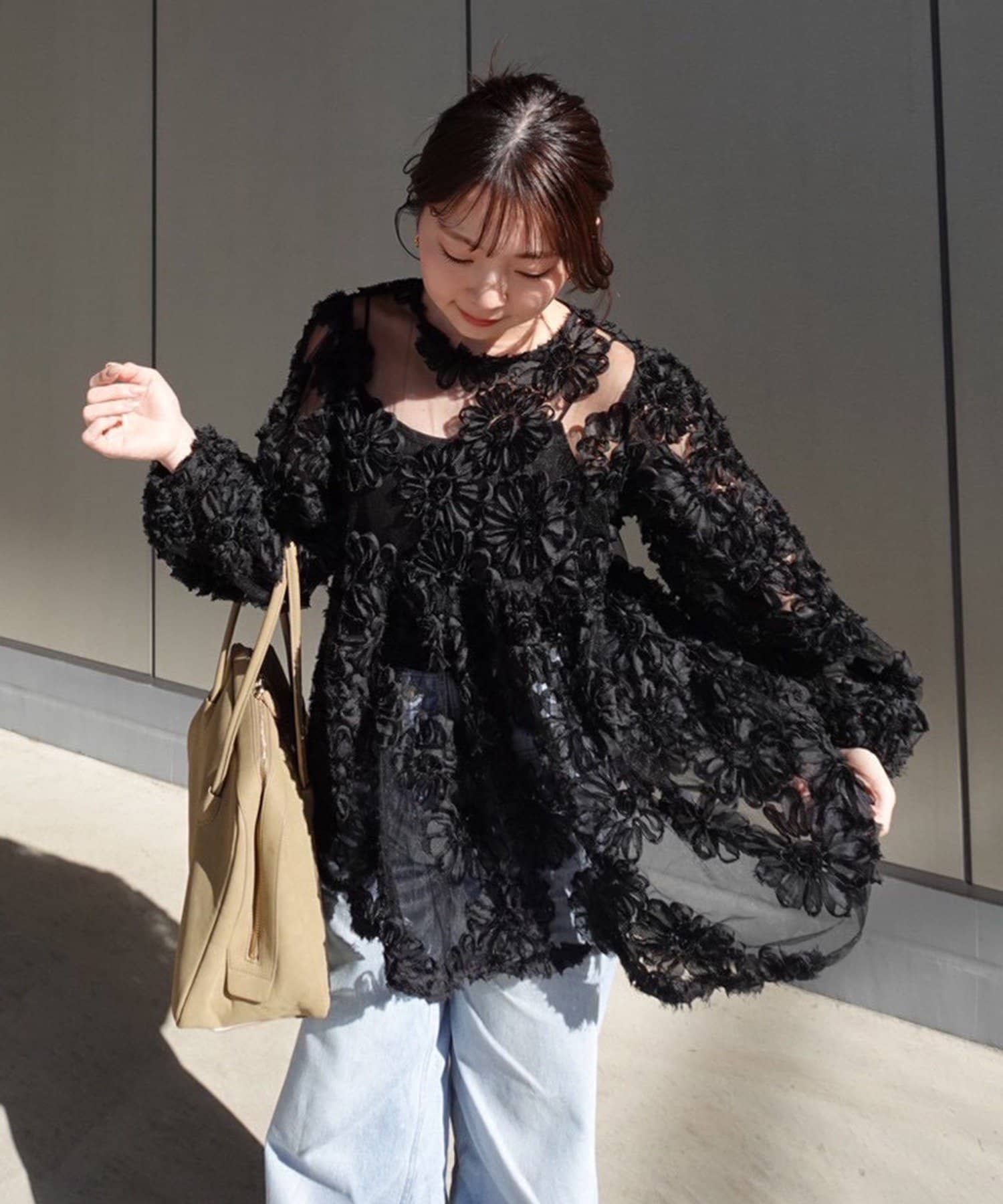 Remind me and forever(リマインドミーアンドフォーエバー) 【@toitopoooo_____コラボ】花柄チュールパフ長袖ブラウス