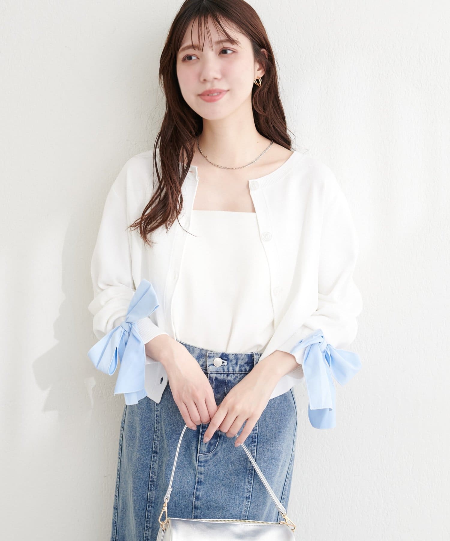 natural couture(ナチュラルクチュール) 長さ変えられる袖口リボンカーディガン