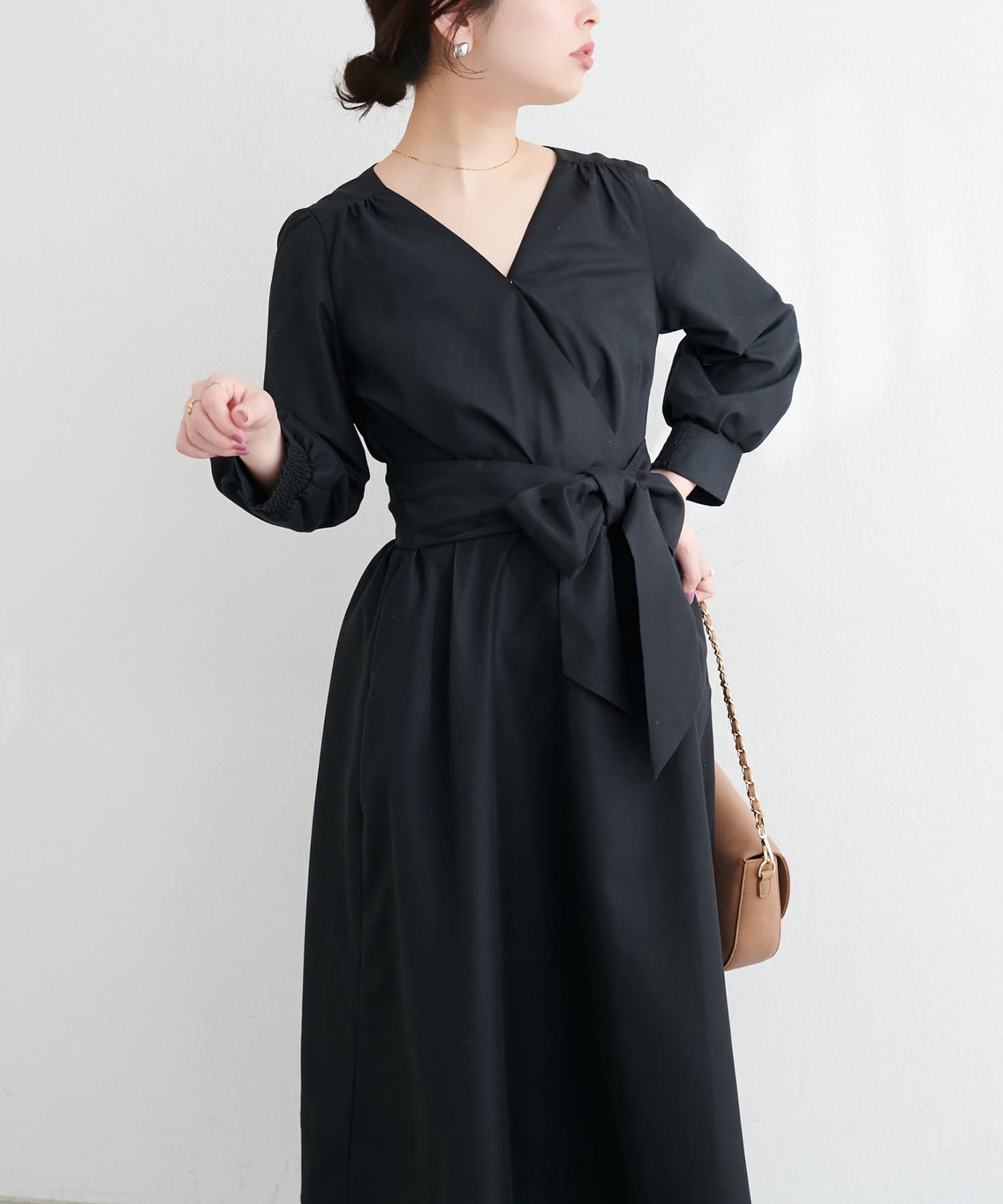 natural couture(ナチュラルクチュール) リボン付きカシュクールワンピース