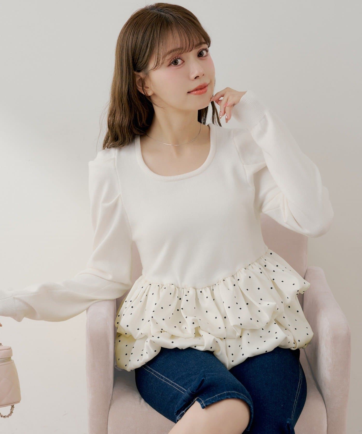 Chico(チコ) 【SALON by Chico】ドットバルーンペプラムパワショルニット