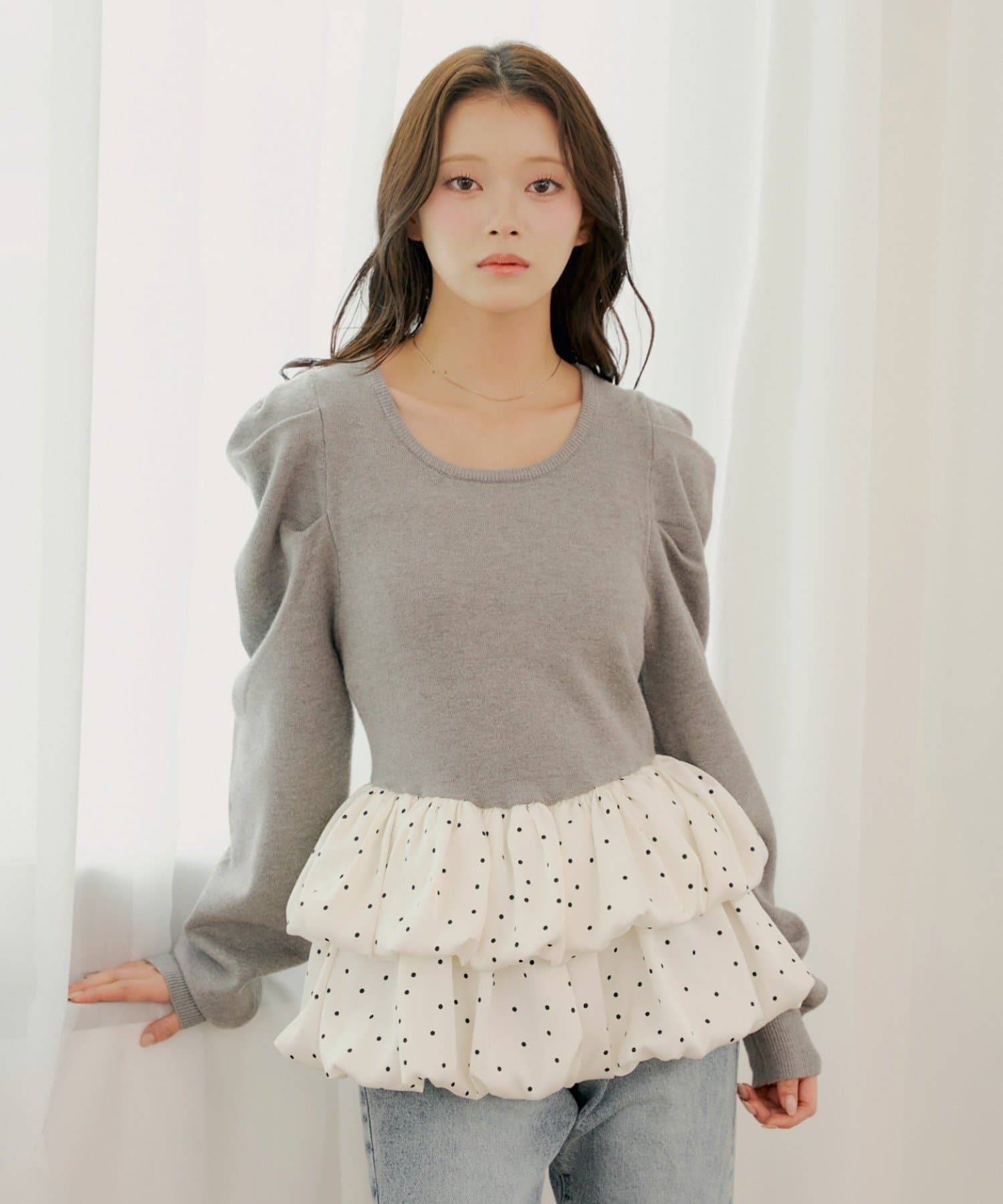 Chico(チコ) 【SALON by Chico】ドットバルーンペプラムパワショルニット