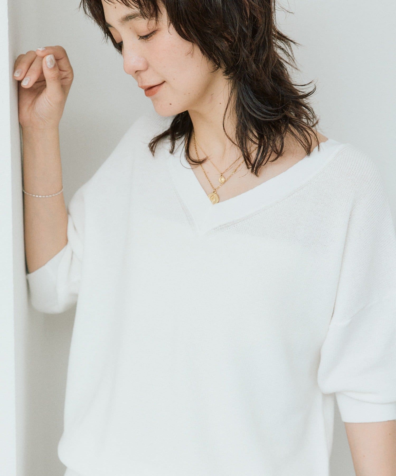 RIVE DROITE(リヴドロワ) 【手洗い可能】ギマコットン片畦Vネックニット