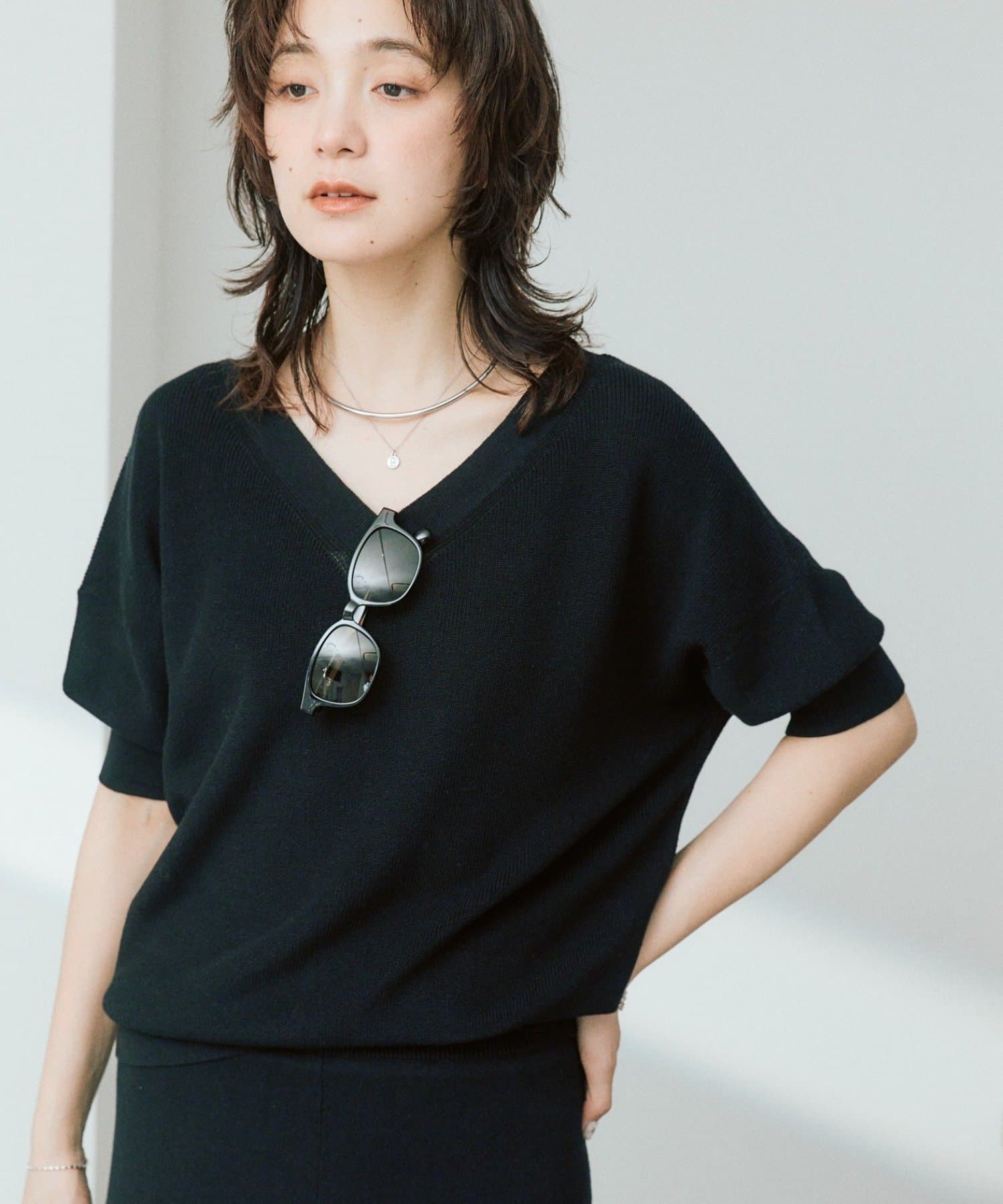 RIVE DROITE(リヴドロワ) 【手洗い可能】ギマコットン片畦Vネックニット