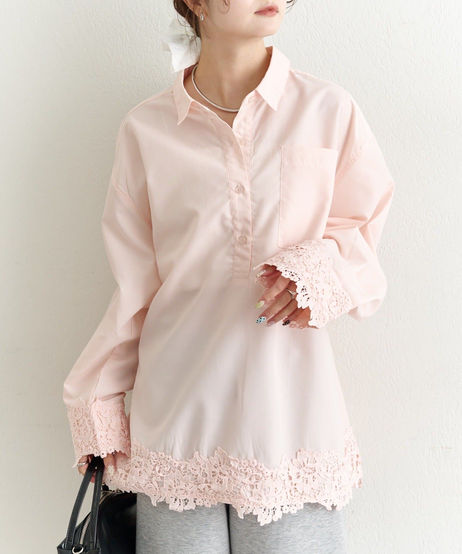 mystic(ミスティック) 裾レーススキッパーシャツ