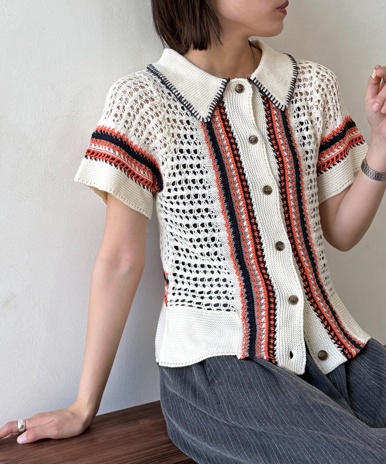 CPCM(シーピーシーエム) ステッチ半袖ニットシャツ