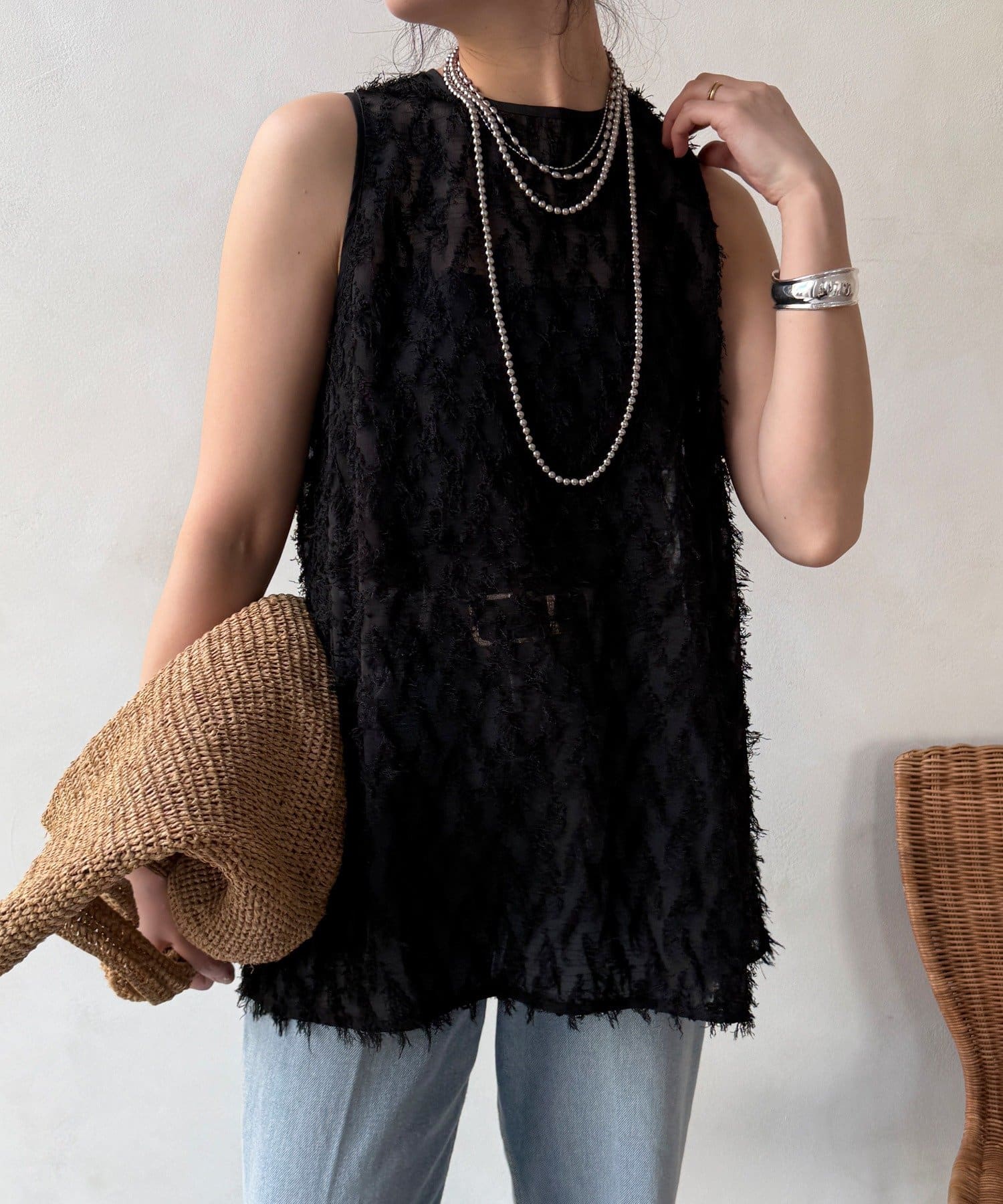 DOUDOU(ドゥドゥ) 【WEB限定】フリンジジャガードタンクブラウス