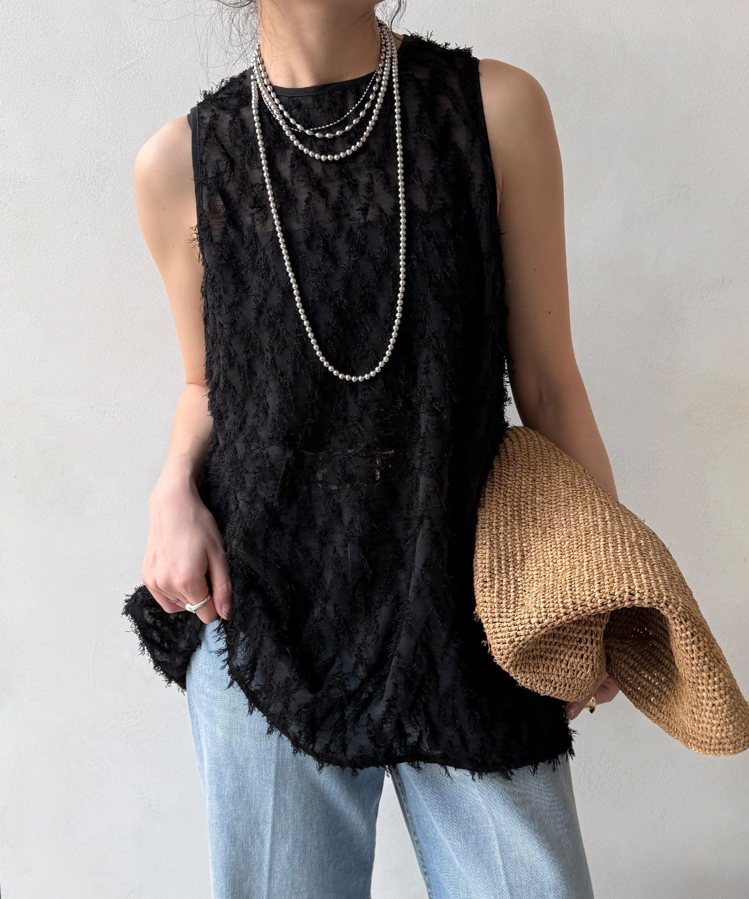 DOUDOU(ドゥドゥ) 【WEB限定】フリンジジャガードタンクブラウス