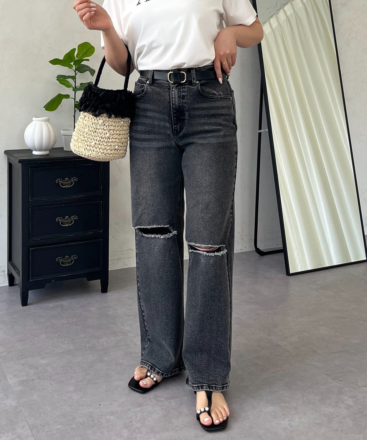 prose verse(プロズヴェール) 【MOMO】ダメージストレッチストレートデニム