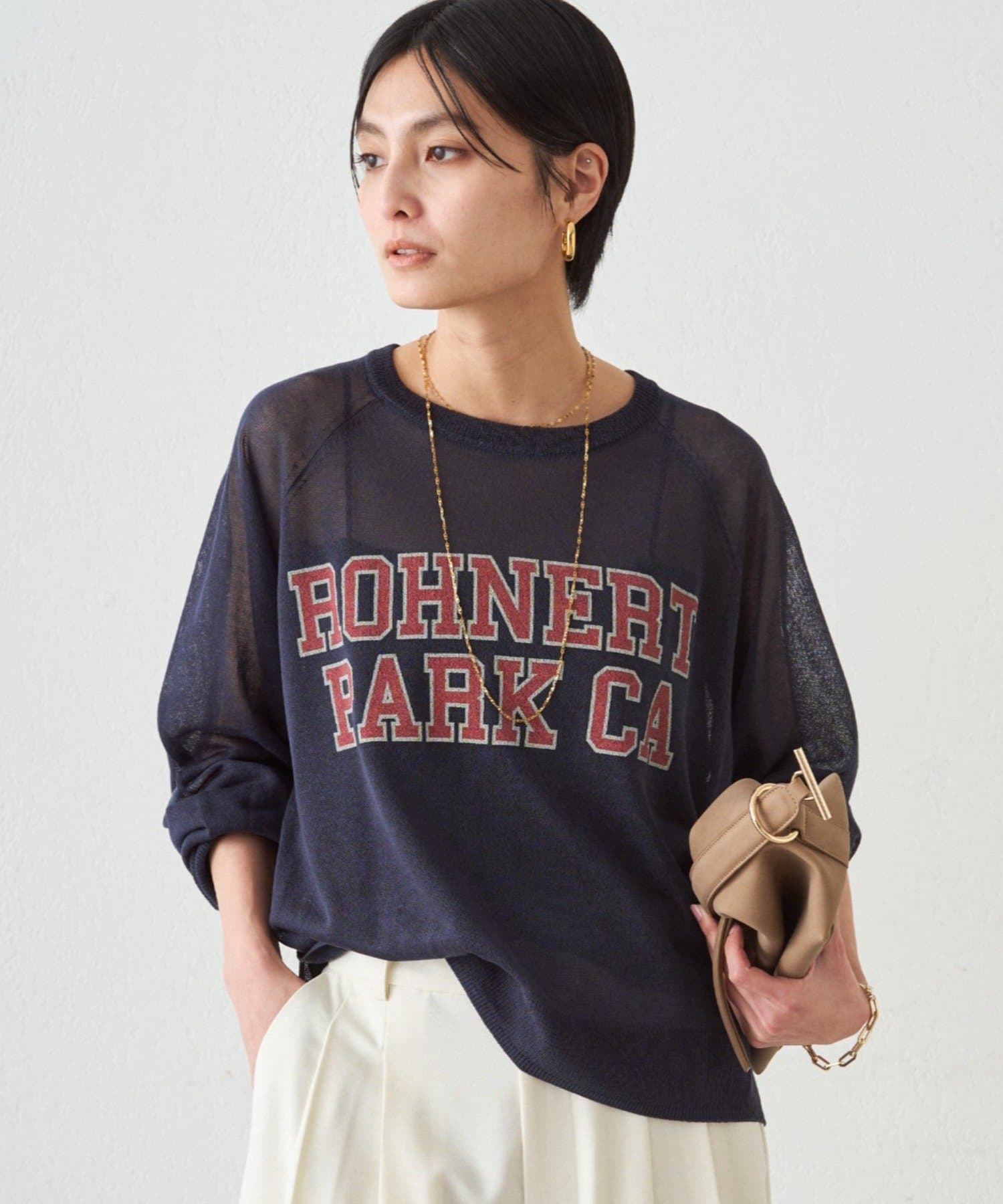 LOUNGEDRESS(ラウンジドレス) シアーカレッジロゴプリントニット