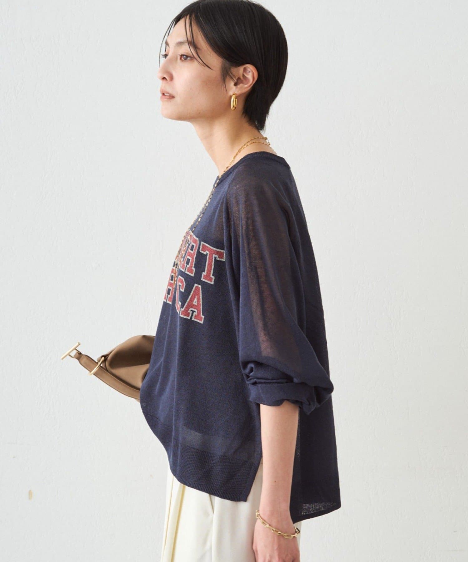 LOUNGEDRESS(ラウンジドレス) シアーカレッジロゴプリントニット