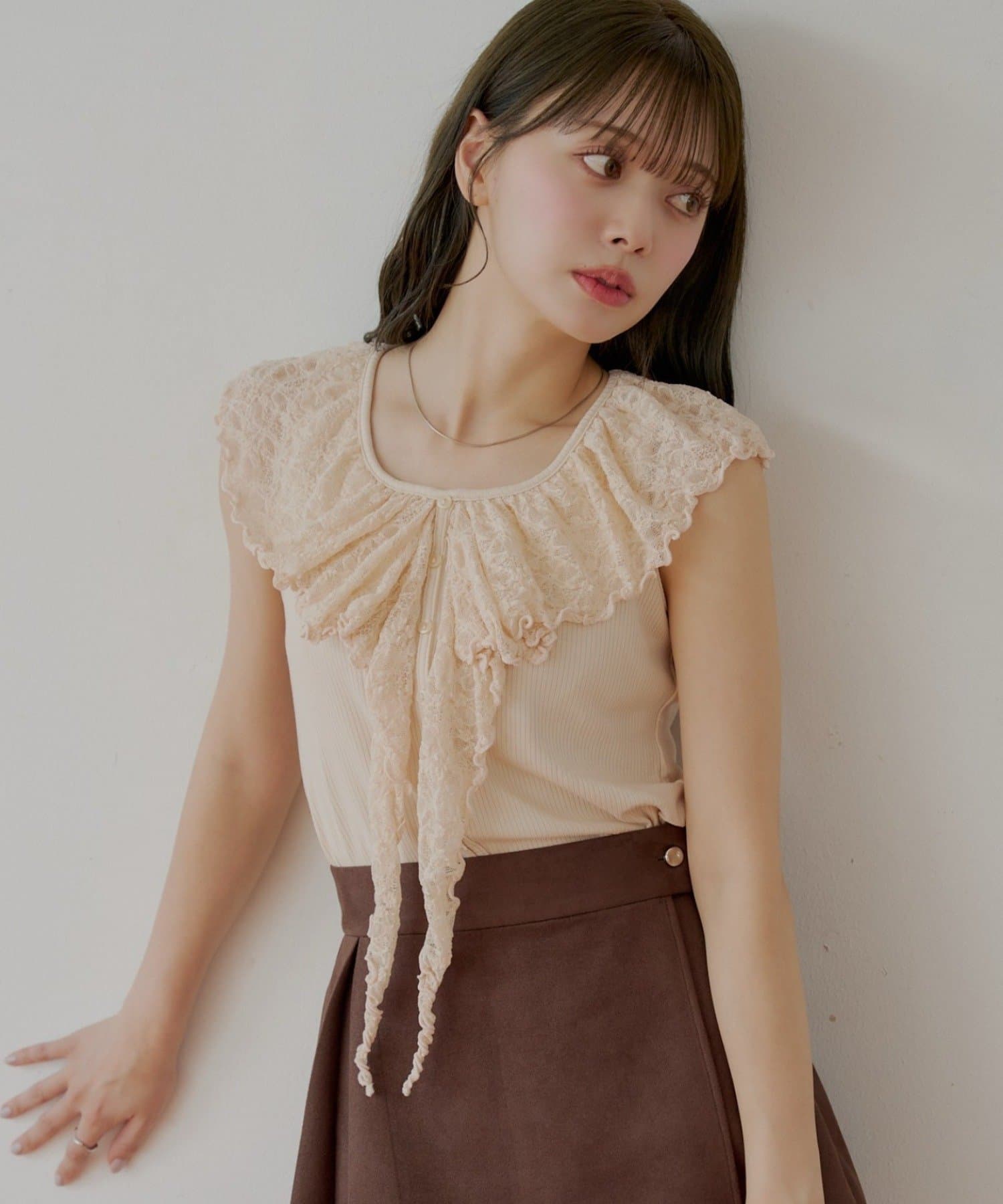 OUTLET(アウトレット) 【Chico】レースドロップノースリリブT