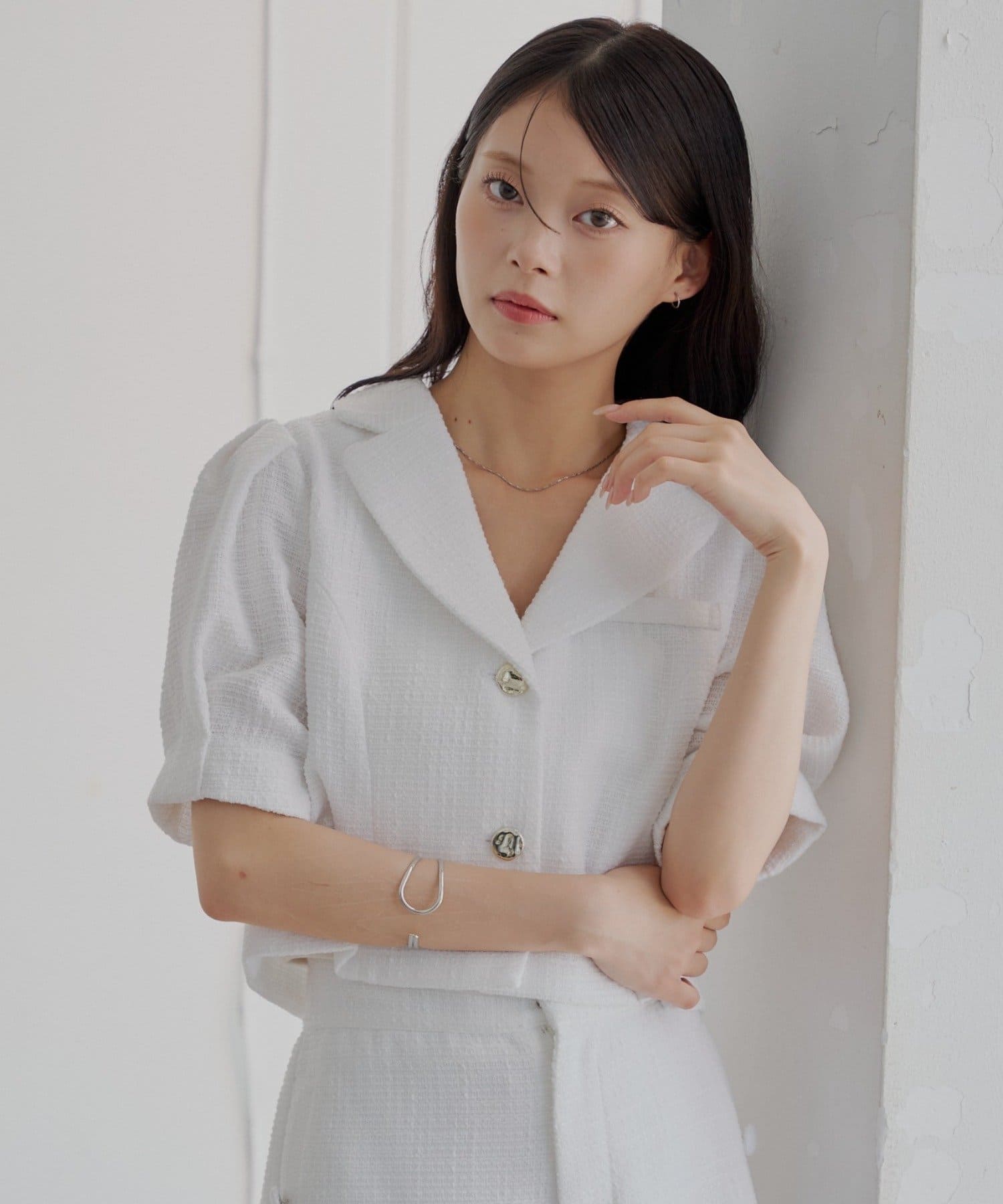 OUTLET(アウトレット) 【Chico】パフスリーブショート丈ツイードジャケット