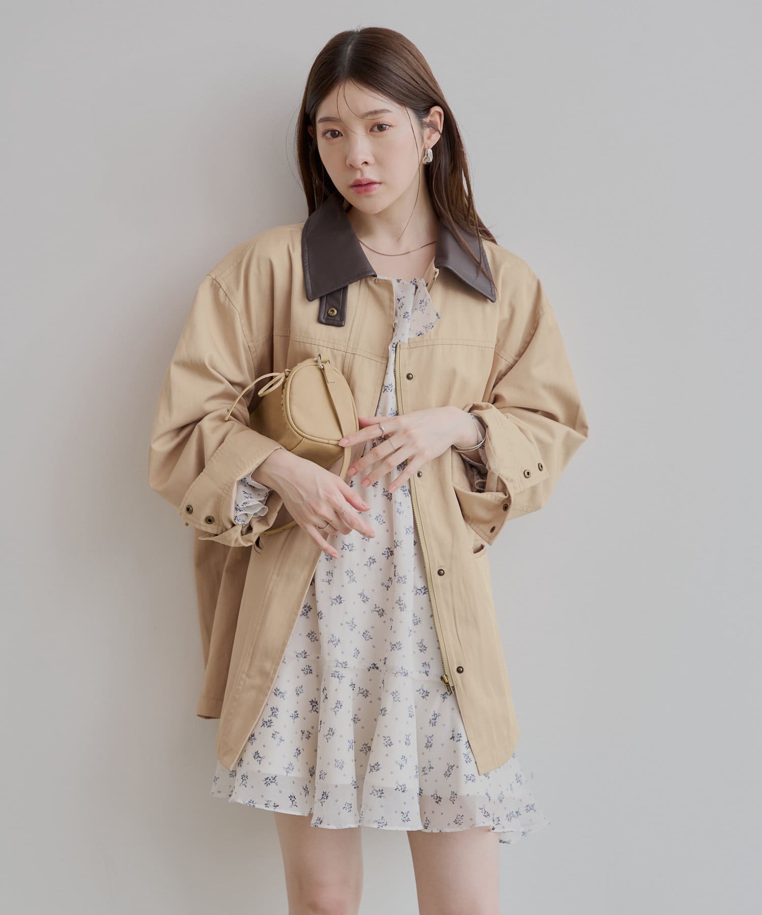 OUTLET(アウトレット) 【Chico】襟レザージップトレンチジャケット