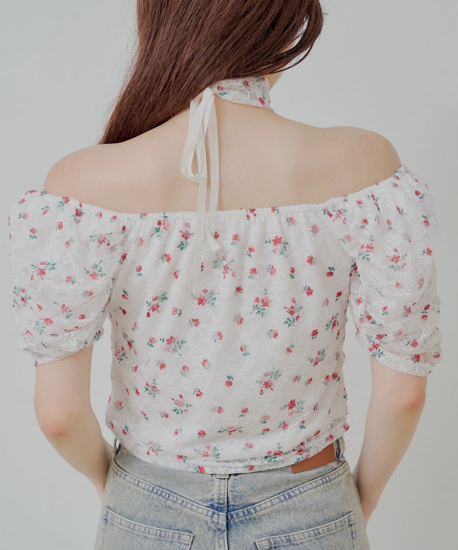 OUTLET(アウトレット) 【Chico】チョーカー付きフラワープリントギャザートップス