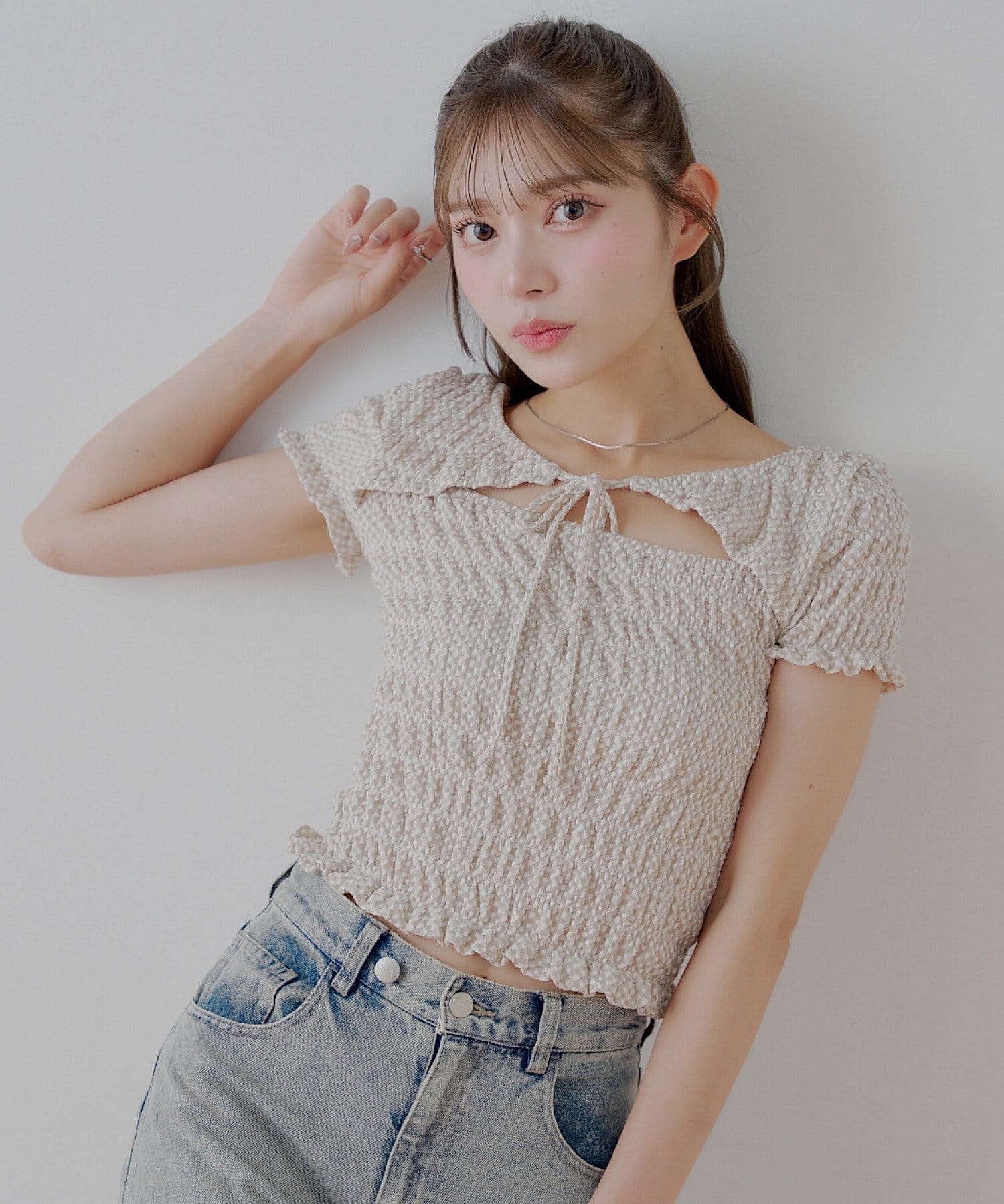 OUTLET(アウトレット) 【Chico】ギンガムフロントリボンボレロデザインT