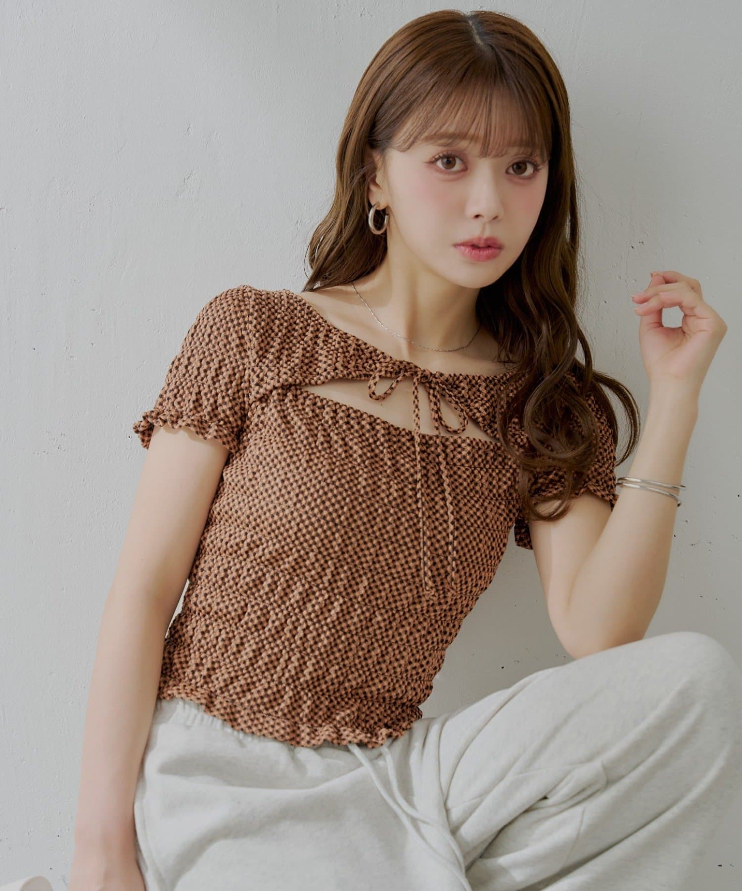 OUTLET(アウトレット) 【Chico】ギンガムフロントリボンボレロデザインT