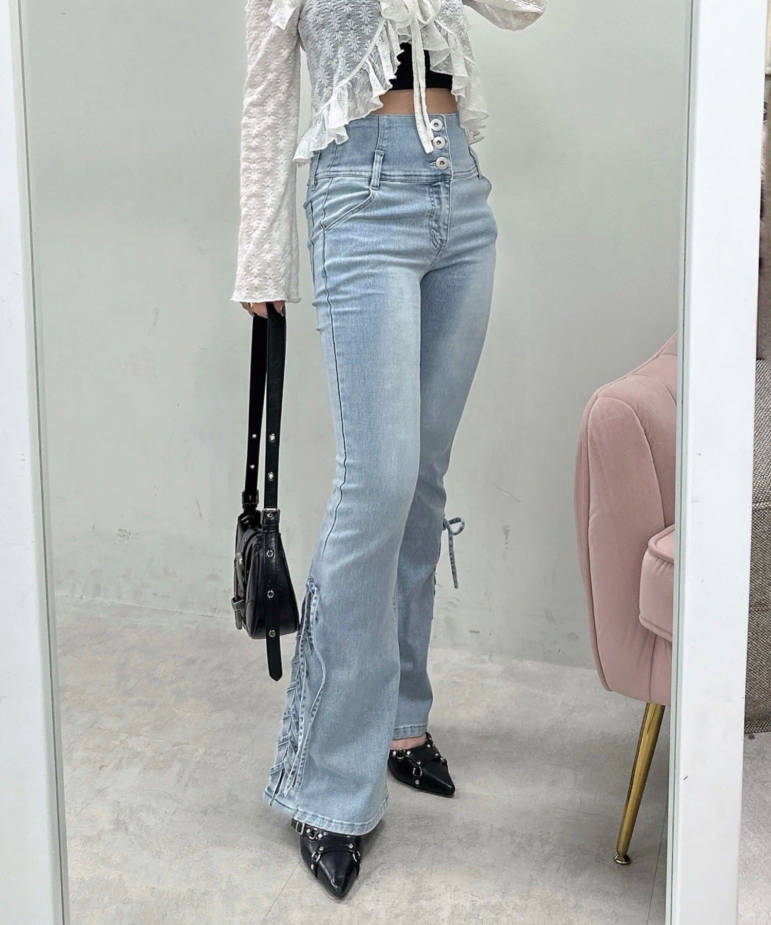 NICE CLAUP / OLIVE des OLIVE OUTLET(ナイスクラップ  / オリーブ デ オリーブ アウトレット) 【ANOTHER BRANCH】【マイナス5㎏見え】サイドレースUPフレアデニム