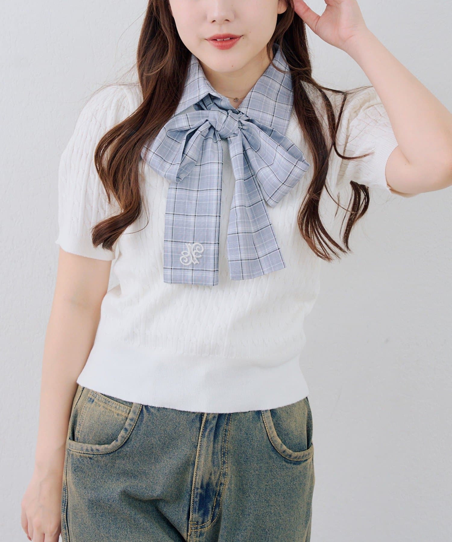 NICE CLAUP / OLIVE des OLIVE OUTLET(ナイスクラップ  / オリーブ デ オリーブ アウトレット) 【continuer】リボン取り外し可能！ケーブル半袖ニット