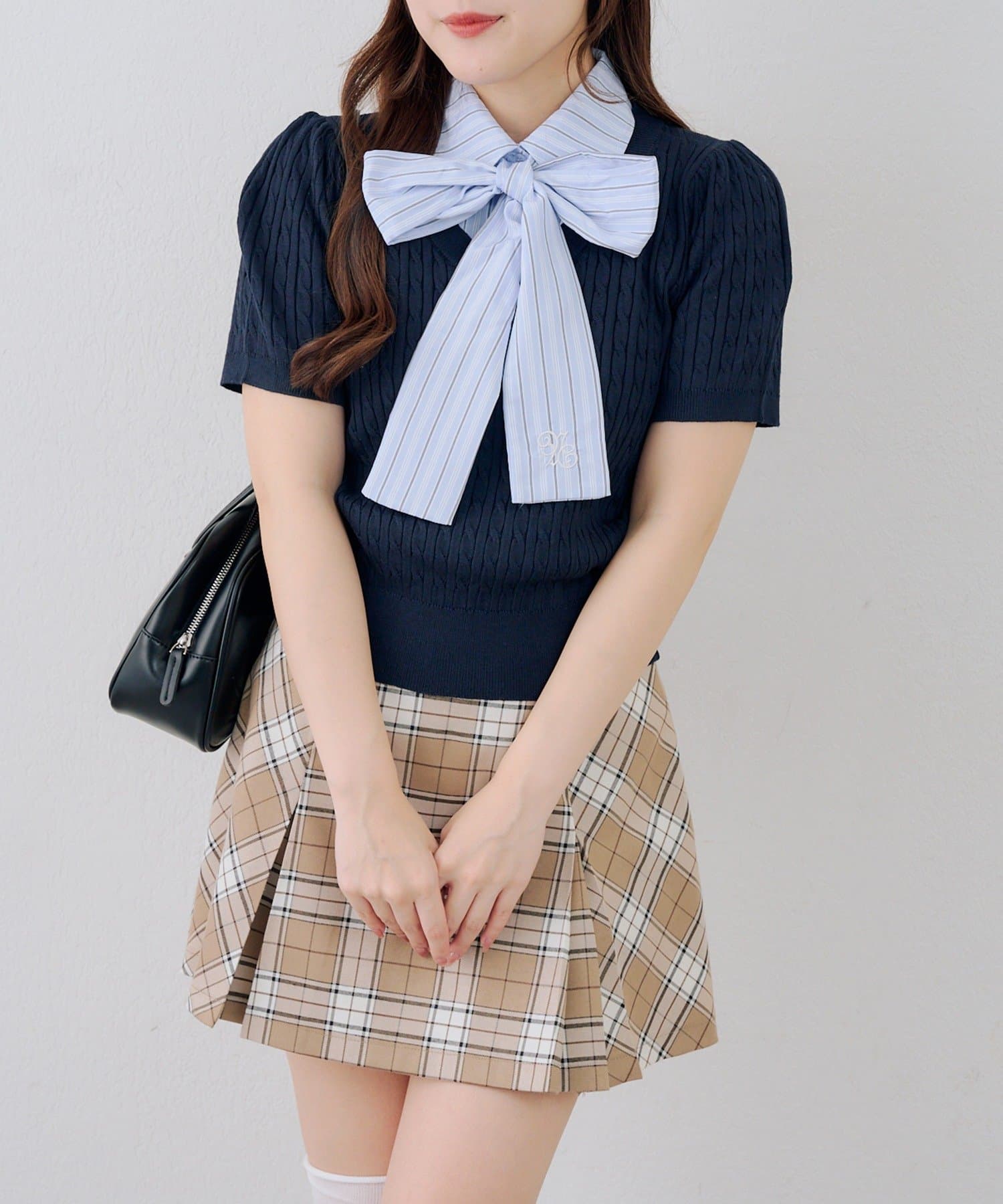 NICE CLAUP / OLIVE des OLIVE OUTLET(ナイスクラップ  / オリーブ デ オリーブ アウトレット) 【continuer】リボン取り外し可能！ケーブル半袖ニット