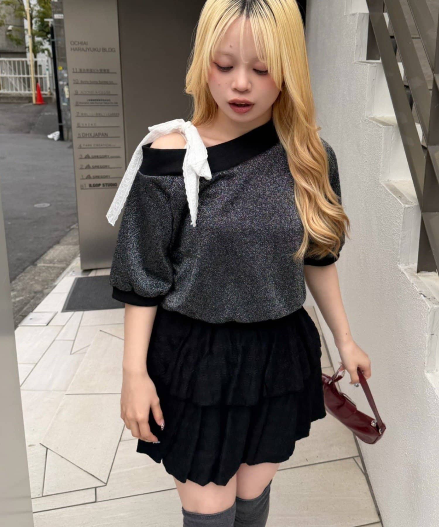 NICE CLAUP / OLIVE des OLIVE OUTLET(ナイスクラップ  / オリーブ デ オリーブ アウトレット) 【continuer】肩レースリボンキラキラプルオーバー