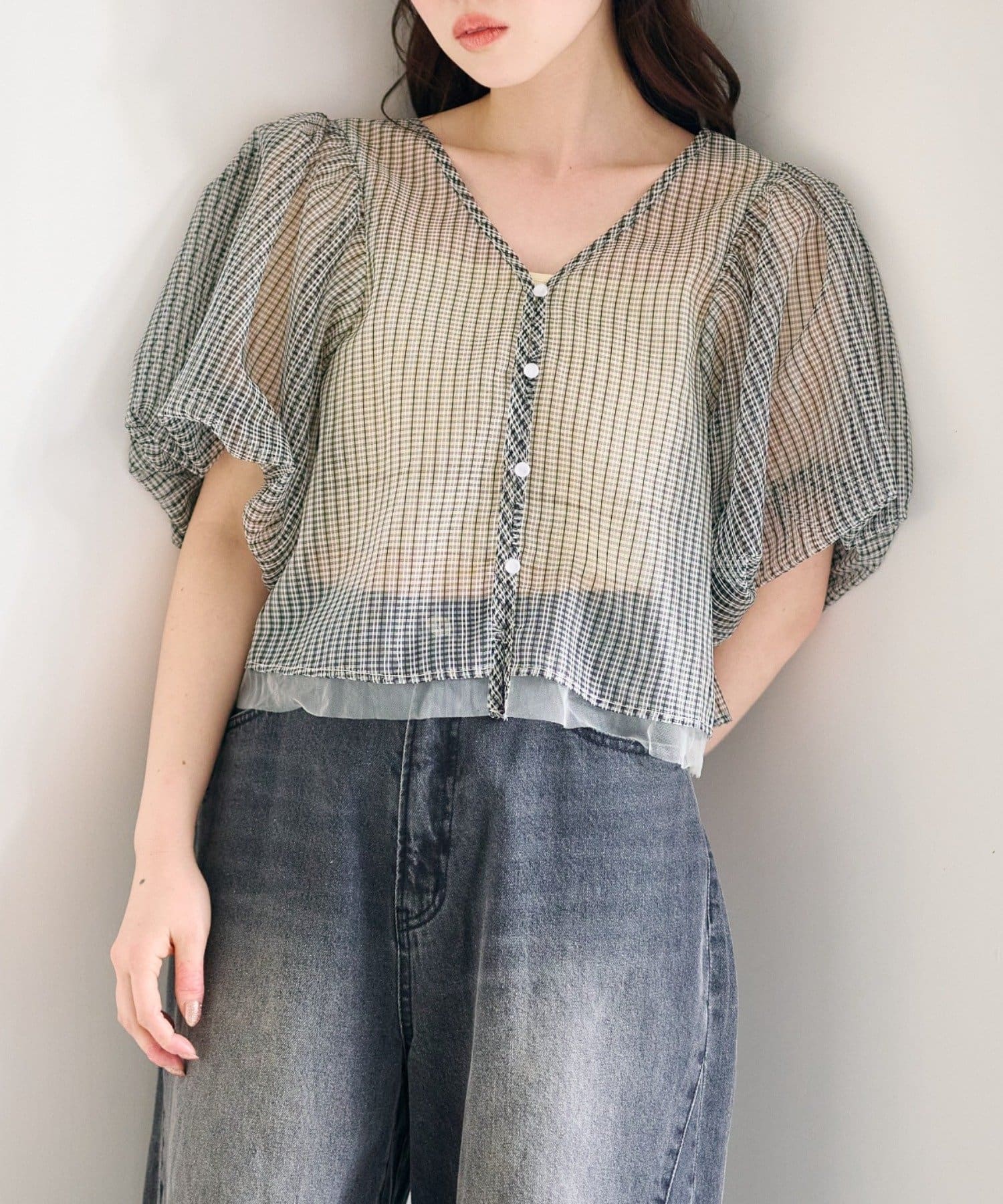 Kastane(カスタネ) チュールチェックパフブラウス