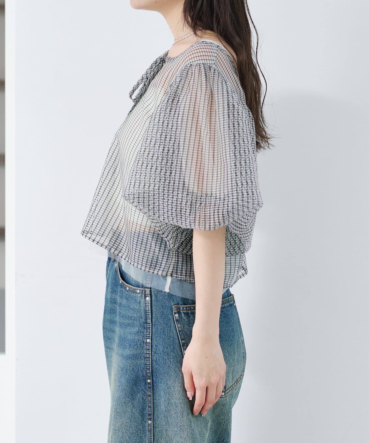 Kastane(カスタネ) チュールチェックパフブラウス
