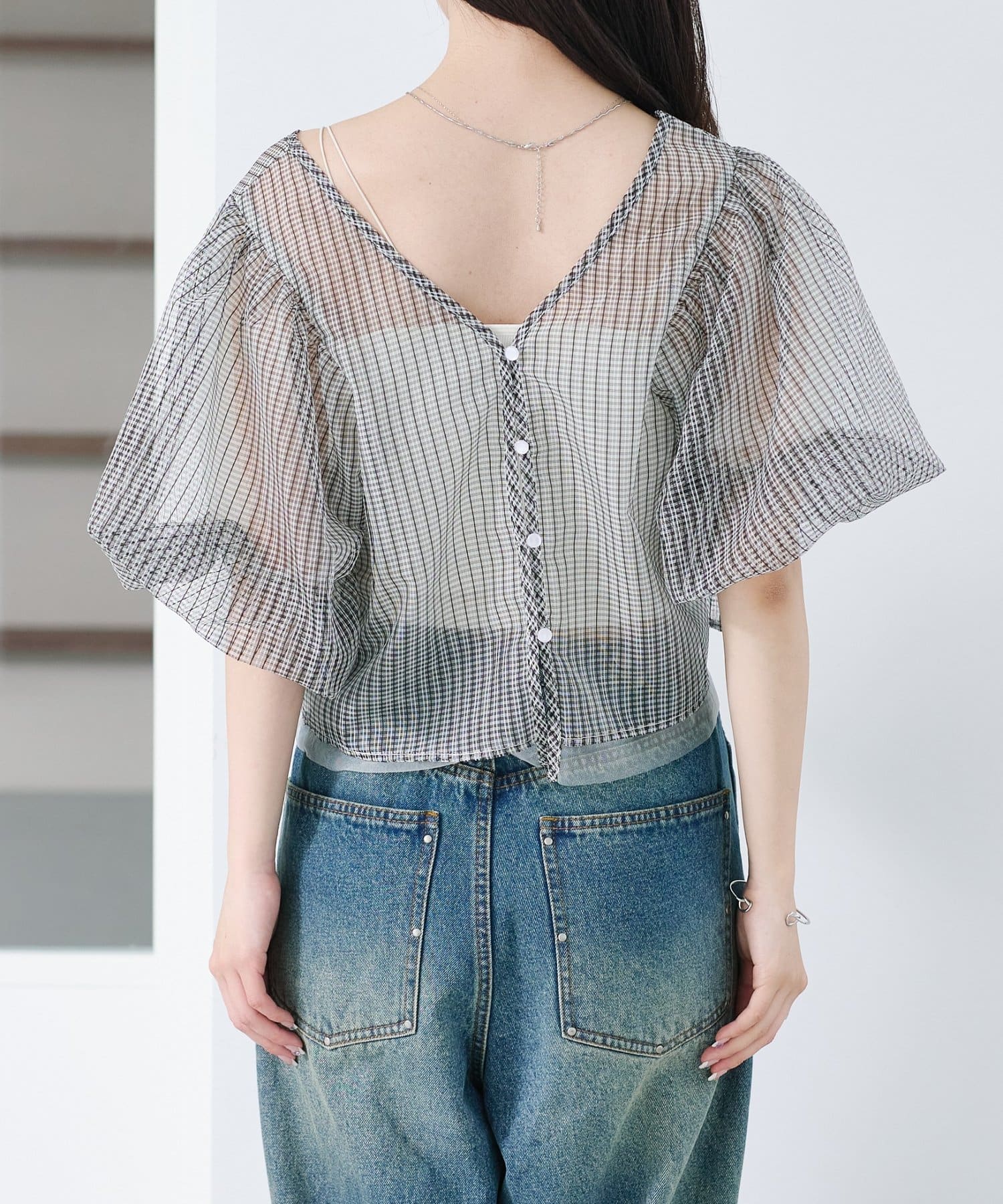 Kastane(カスタネ) チュールチェックパフブラウス