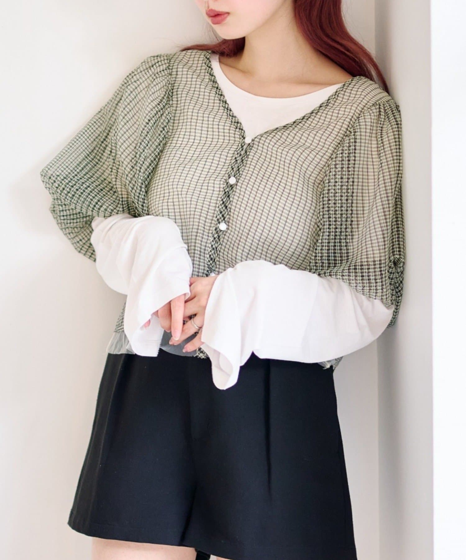 Kastane(カスタネ) チュールチェックパフブラウス