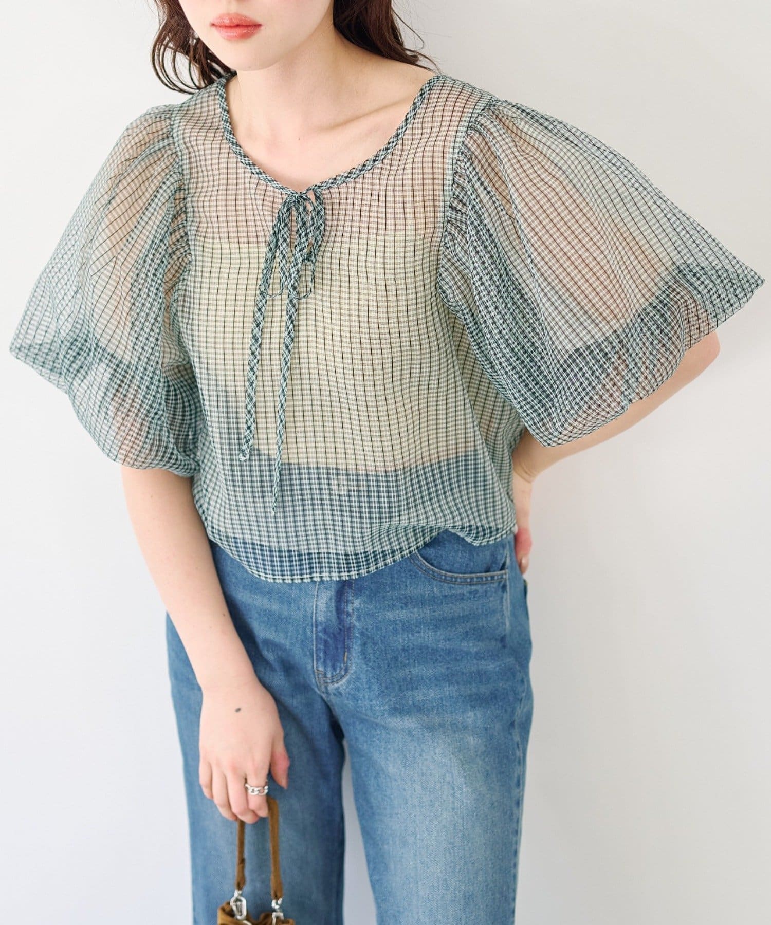 Kastane(カスタネ) チュールチェックパフブラウス