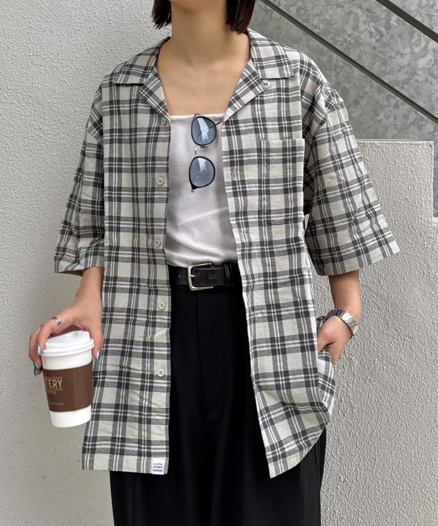 CIAOPANIC TYPY(チャオパニックティピー) 【ユニセックス】パナマ織り/袖配色/クロス半袖チェックシャツ