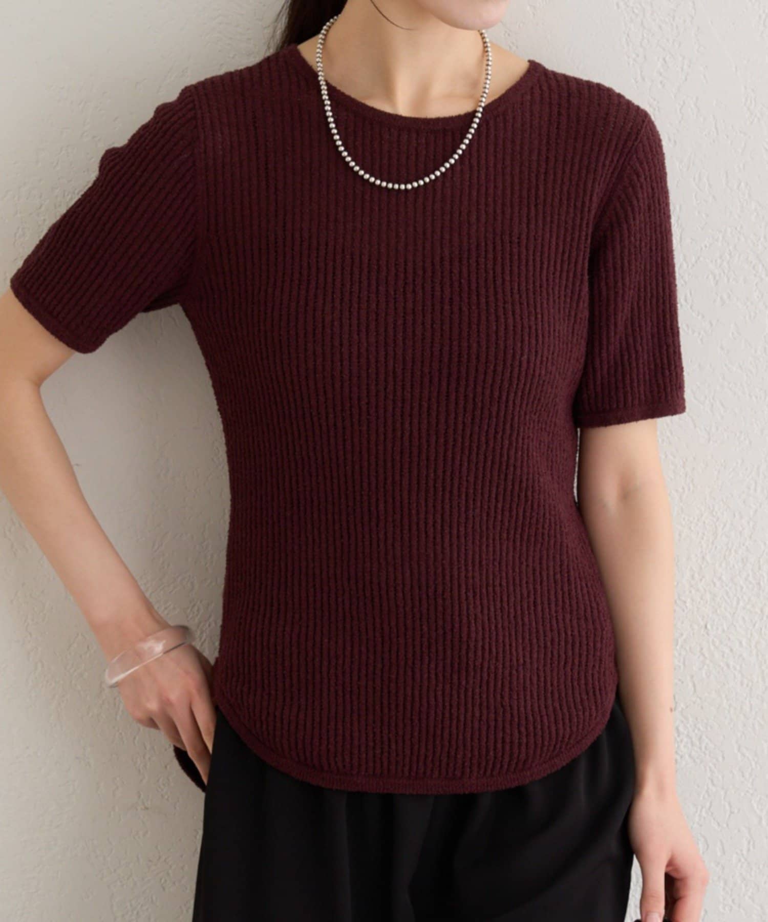 Omekashi(オメカシ) 半袖シアーニットリブプルオーバー