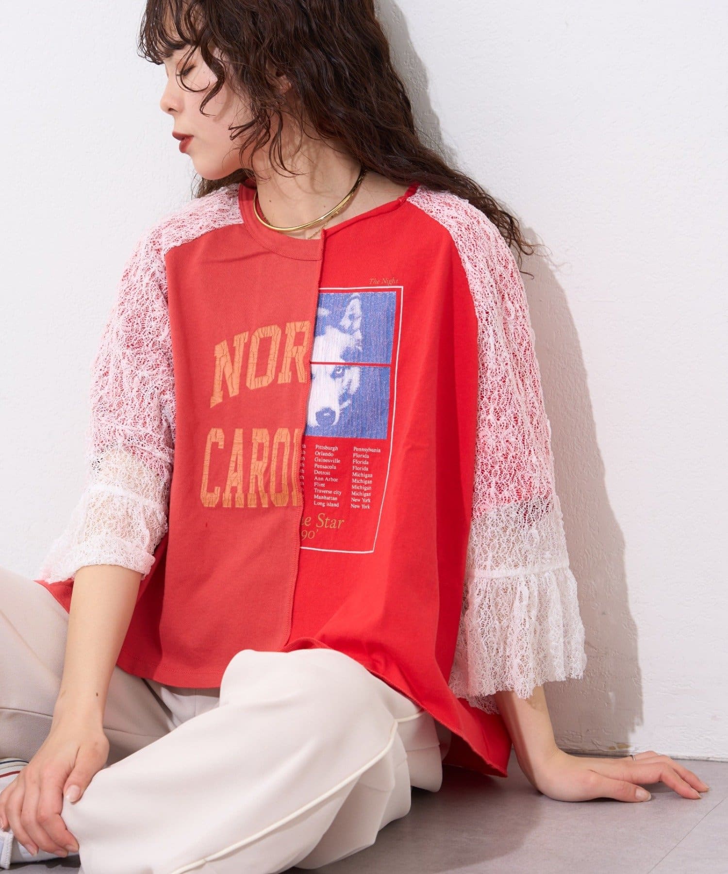 CIAOPANIC TYPY(チャオパニックティピー) 【etsinta】袖レースリメイク切替カレッジTee