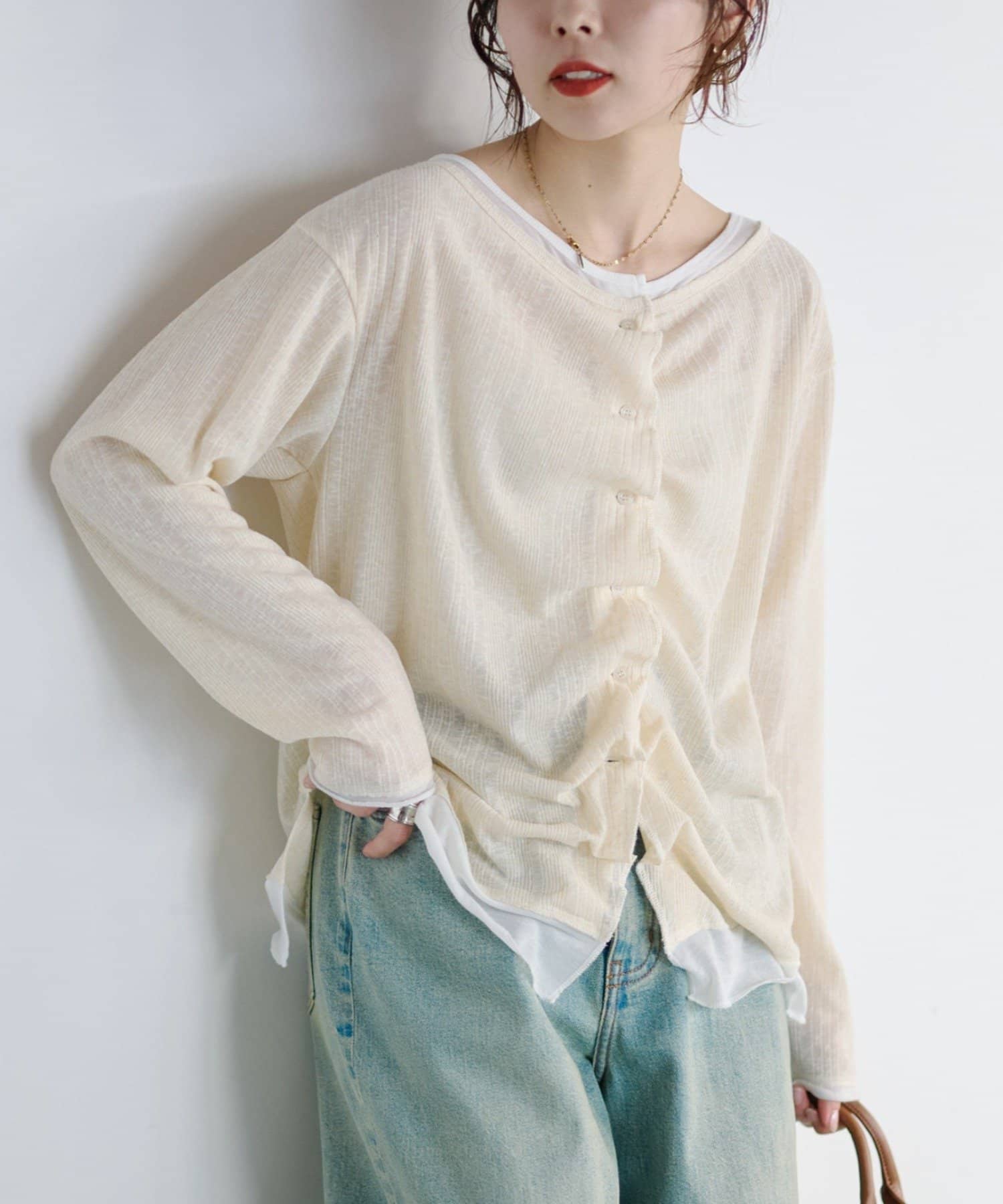 CIAOPANIC TYPY(チャオパニックティピー) フロントタックレイヤードライクメランジリブカーデ