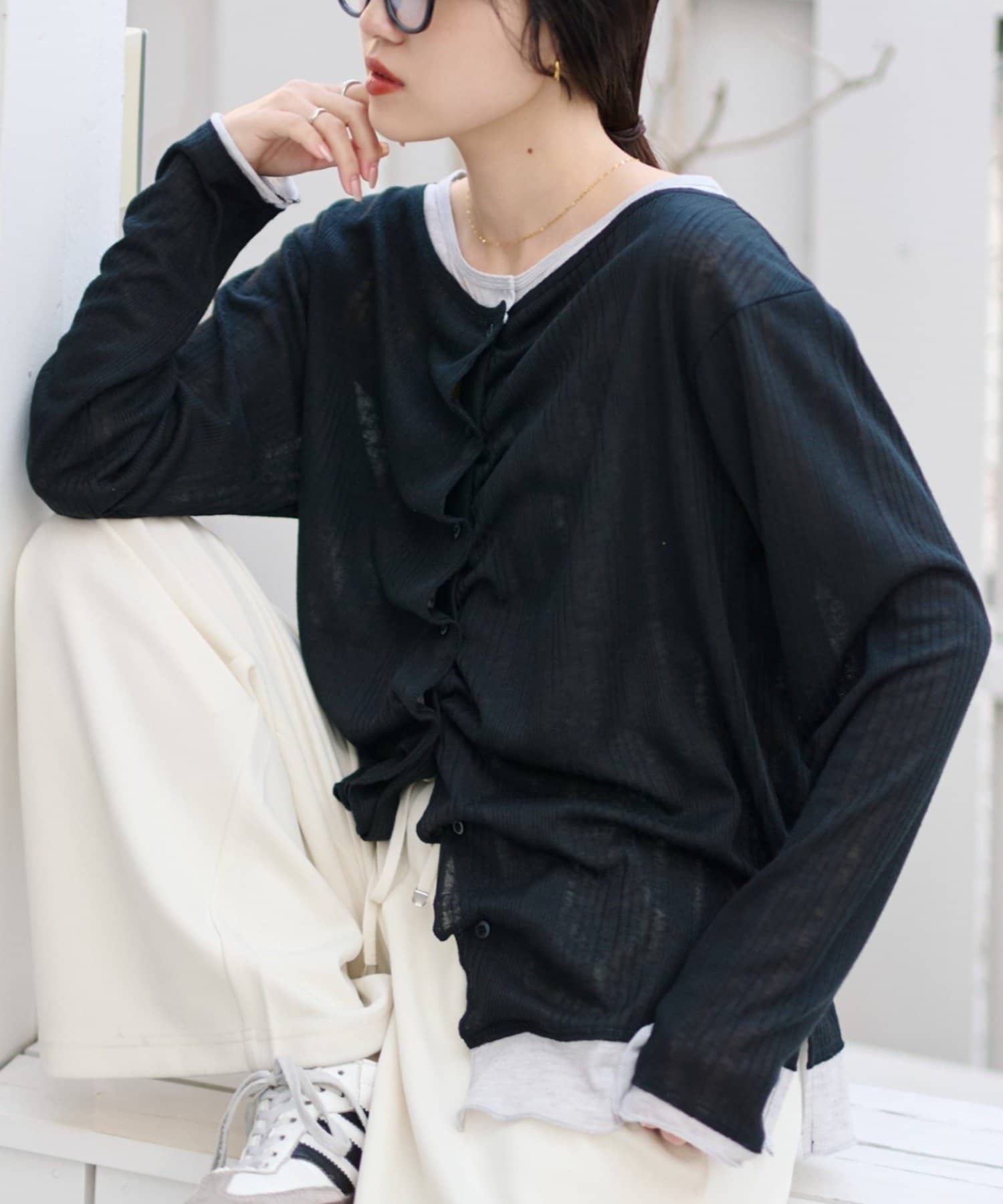 CIAOPANIC TYPY(チャオパニックティピー) フロントタックレイヤードライクメランジリブカーデ