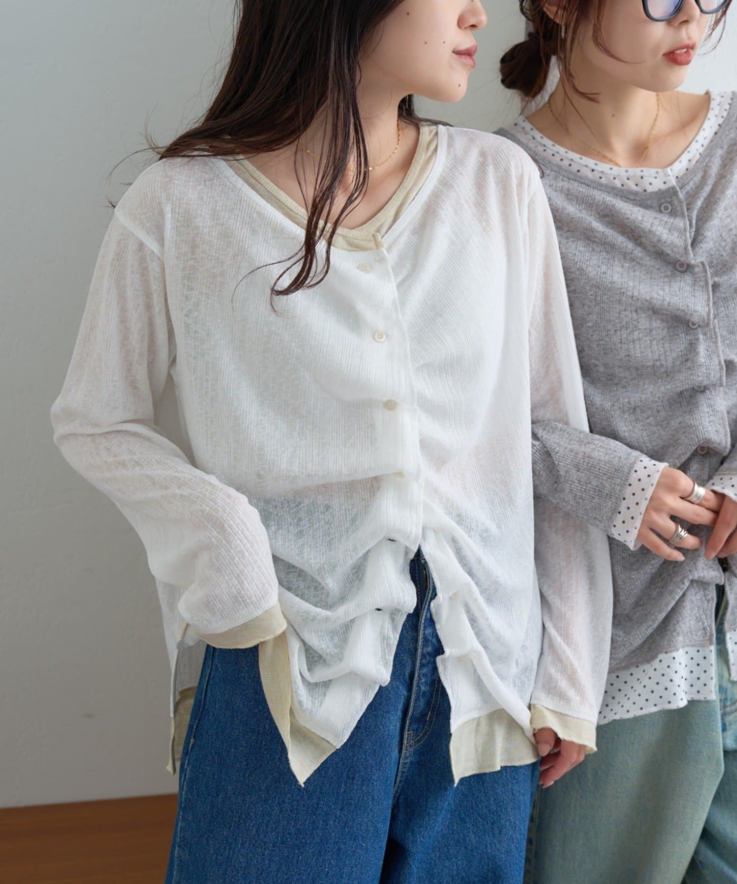 CIAOPANIC TYPY(チャオパニックティピー) 【新色登場/冷房・日焼け対策にも◎】フロントタックレイヤードライクメランジリブシアーカーディガン