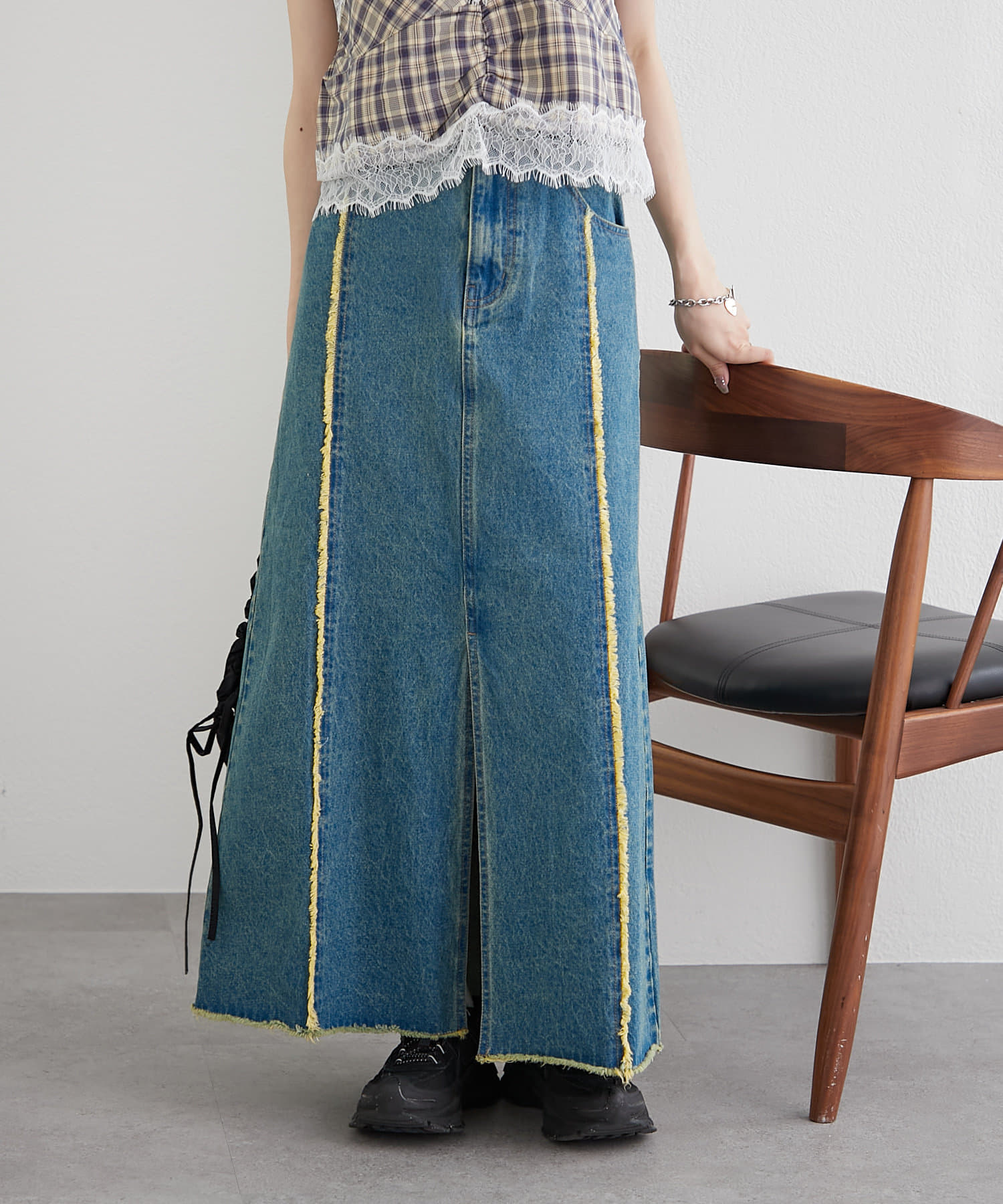 OUTLET(アウトレット) 【w closet】フリンジ切替デニムロングスカート