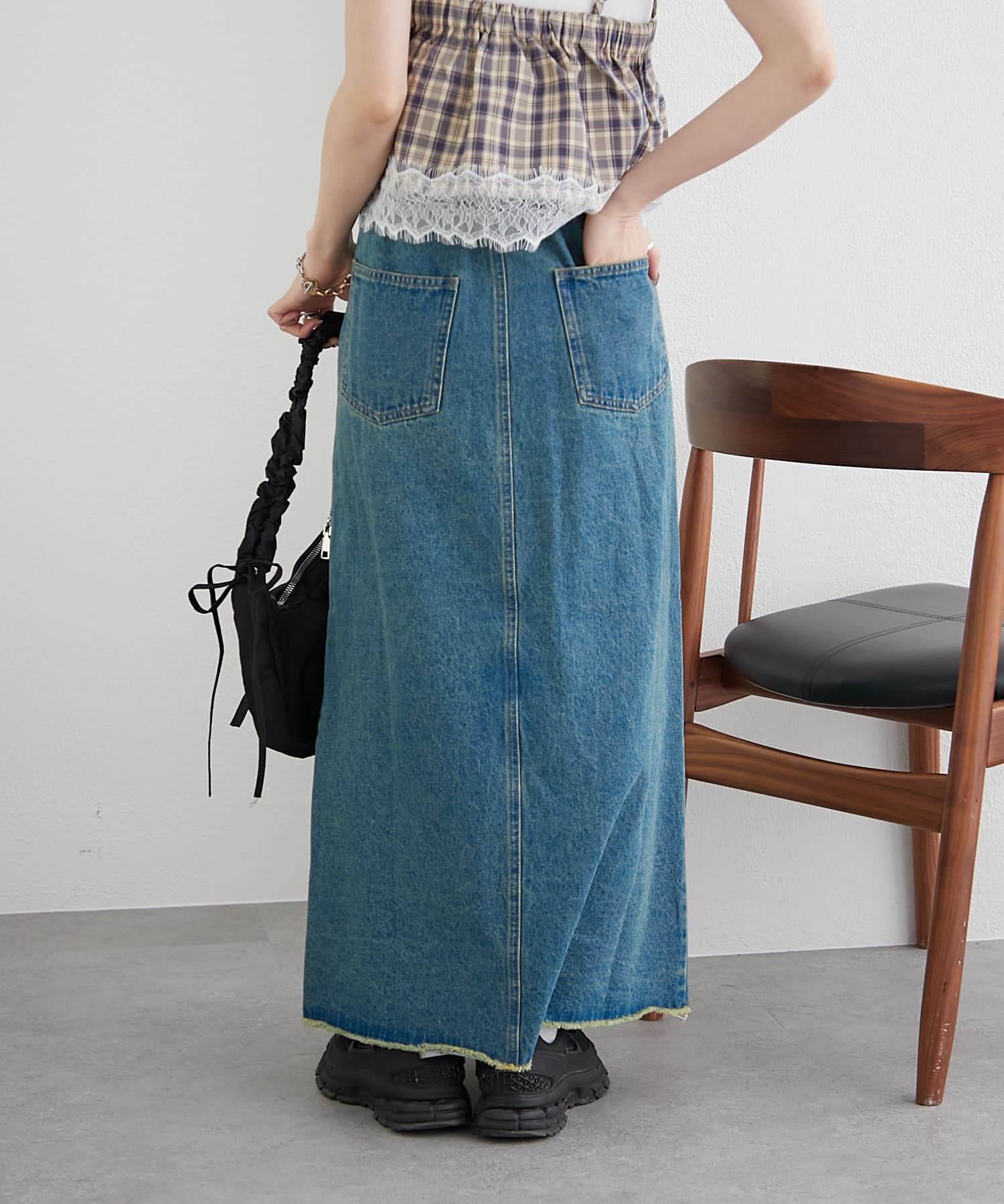 OUTLET(アウトレット) 【w closet】フリンジ切替デニムロングスカート