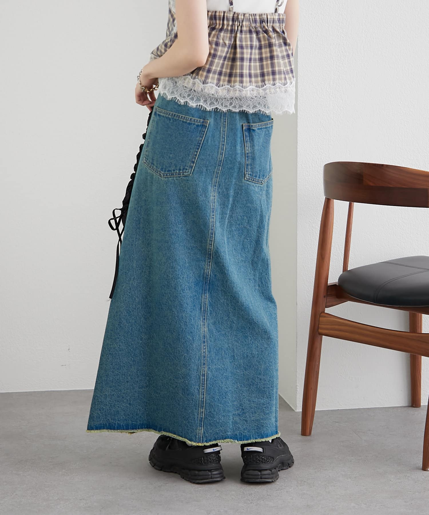 OUTLET(アウトレット) 【w closet】フリンジ切替デニムロングスカート