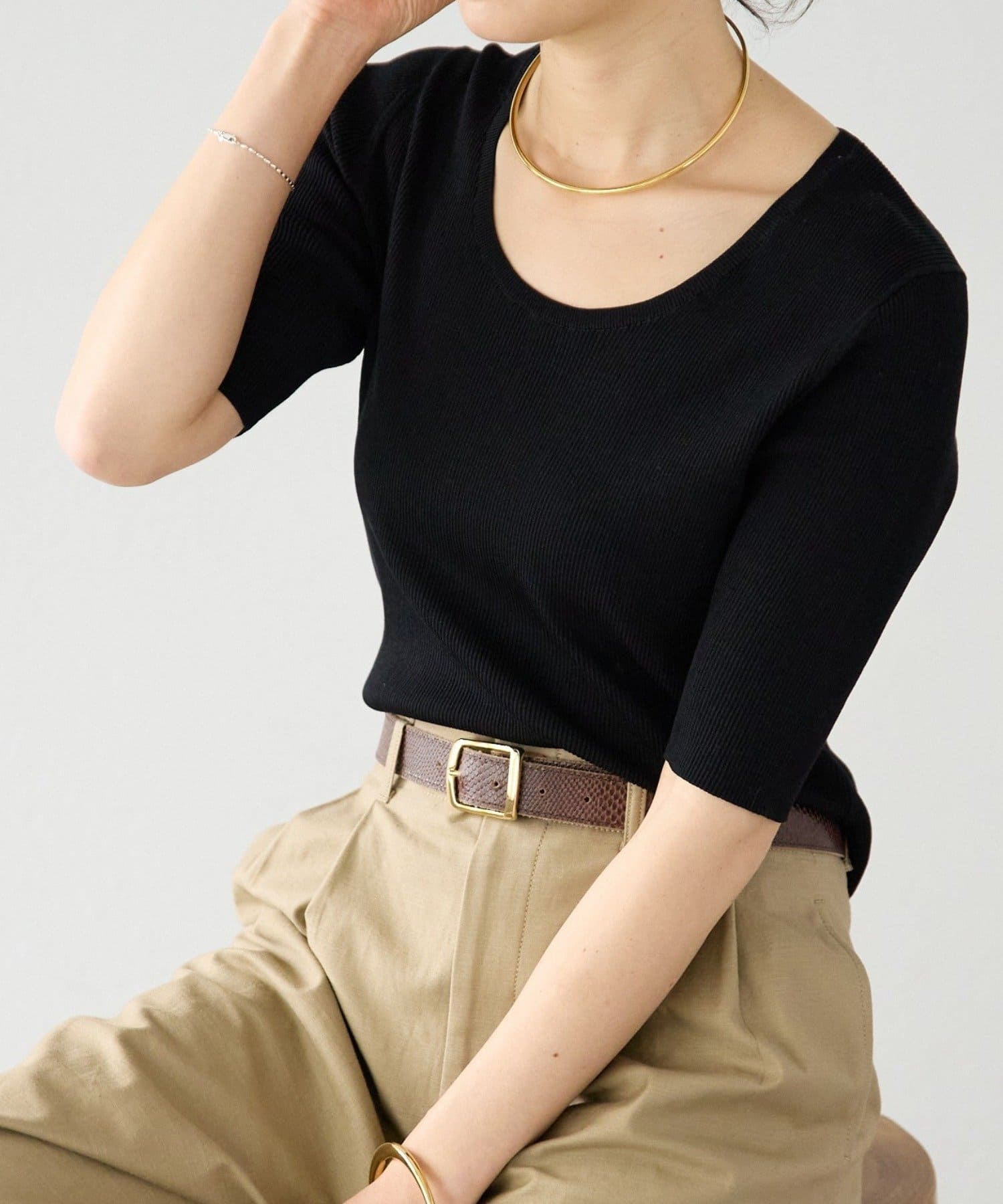 RIVE DROITE(リヴドロワ) 予約【アンサンブル対応可】コットンUネックリブニット