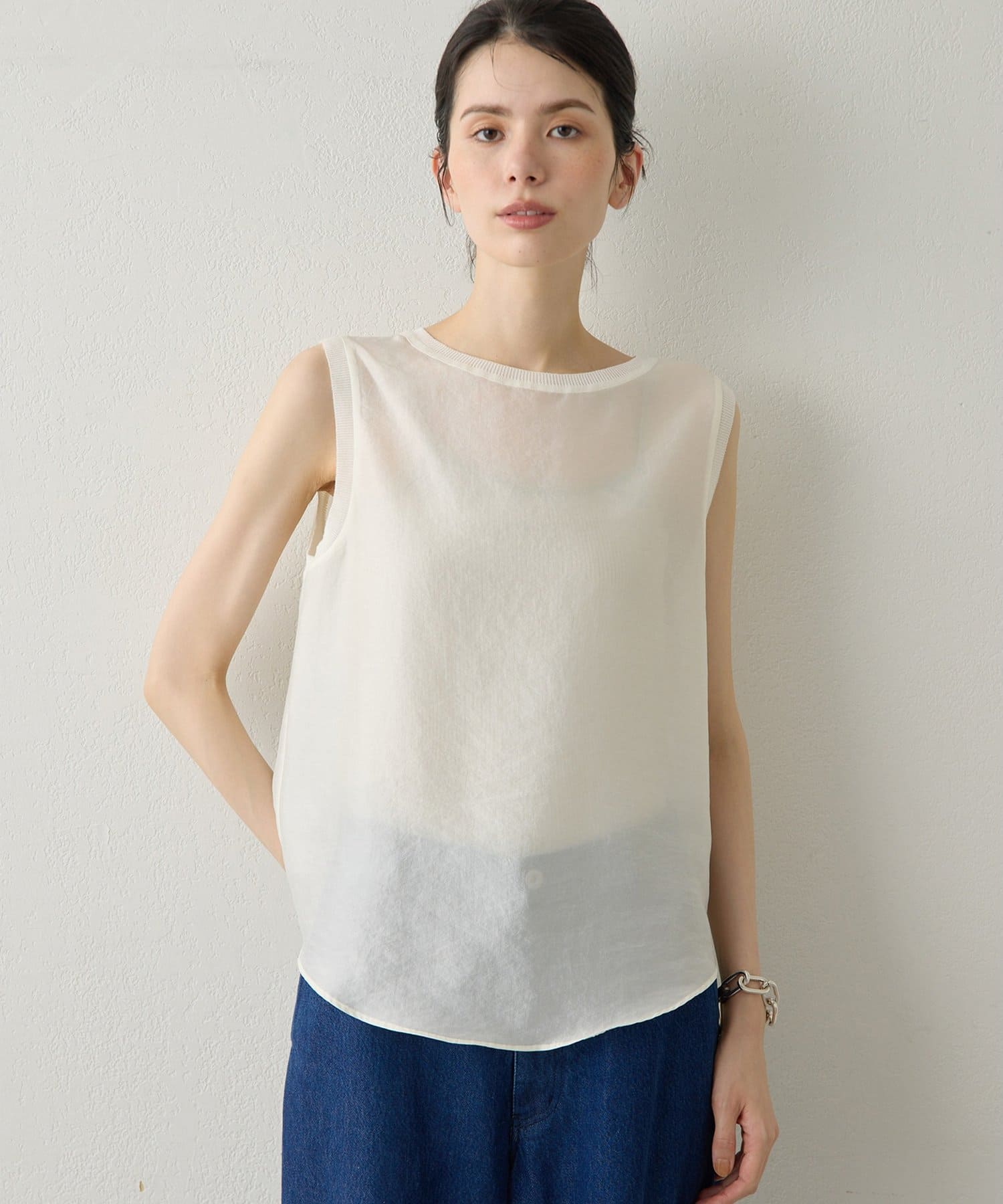 Whim Gazette(ウィム ガゼット) 【Drawing Numbers】シャイニーシースルーノースリーブブラウス