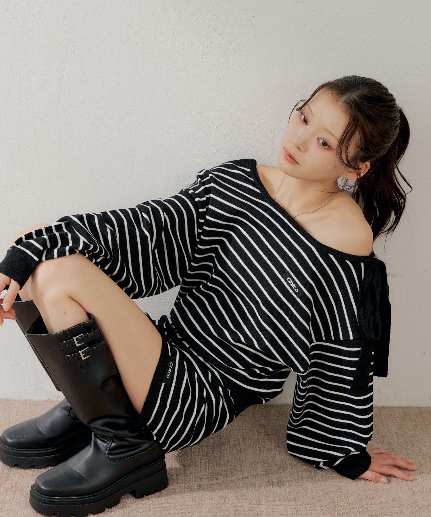 Chico(チコ) 【3/12(木) 0:00～予約開始】ワンショルボーダーニット