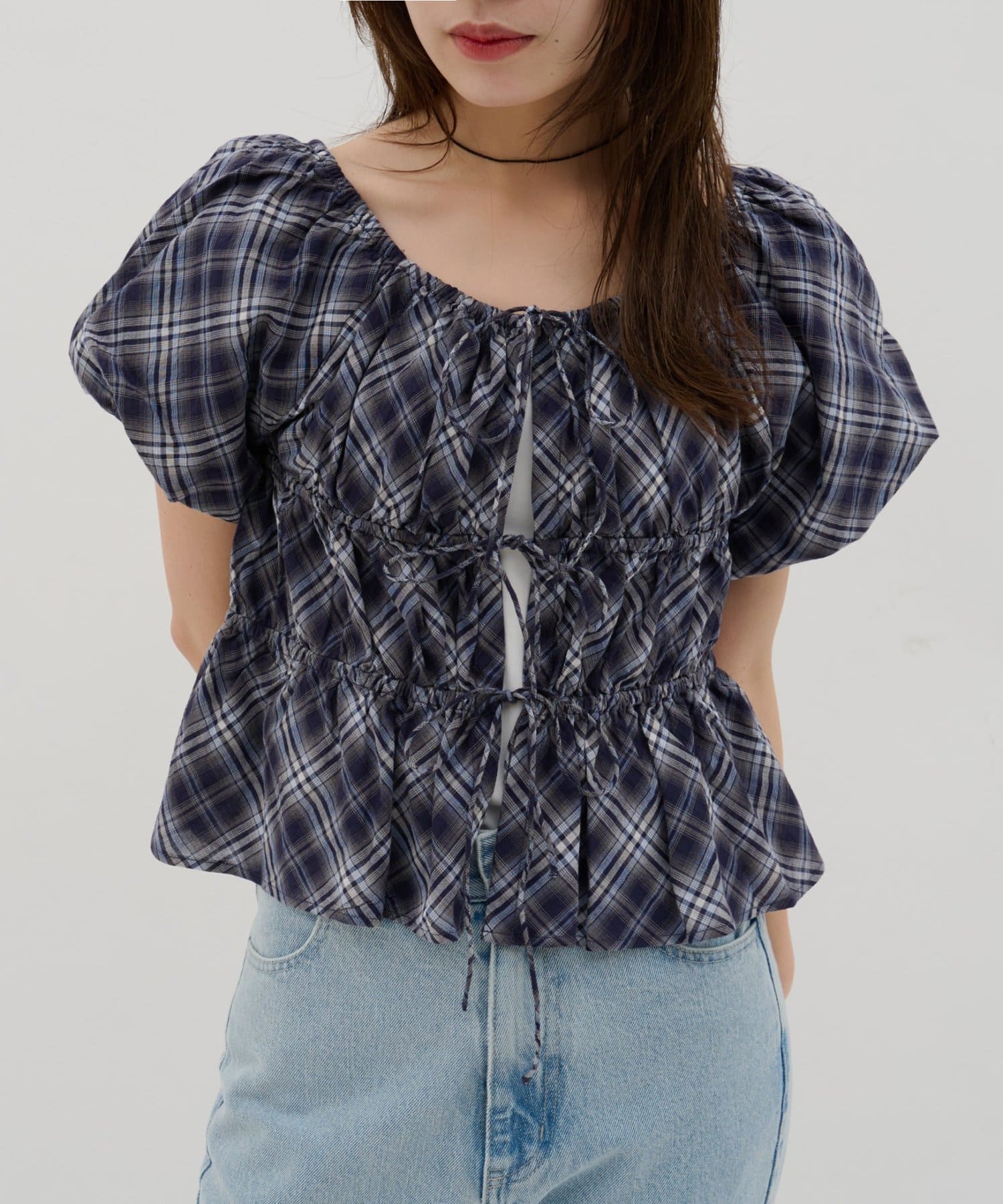 DISCOAT(ディスコート) 【umm.】チェック柄バルーンブラウス